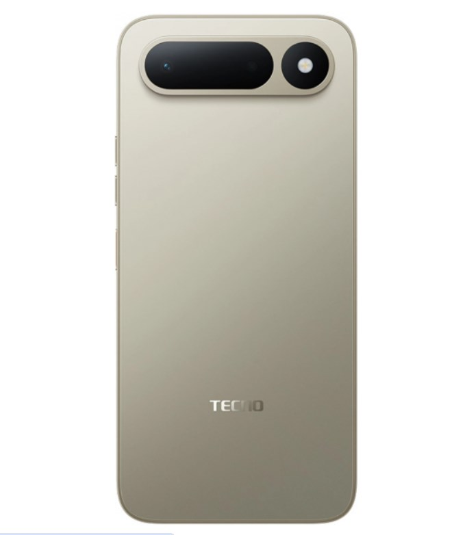 Yatay kamera modülü ve marka logosuna sahip bej renkli bir Tecno telefonun arkası.