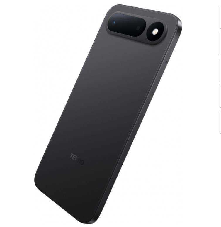 İki kameralı koyu gri Tecno akıllı telefonun arka yüzü.