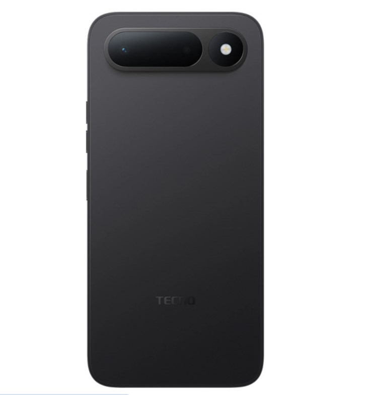 Üst kısımda yatay kamera modülüne sahip siyah bir Tecno akıllı telefonun arkası.