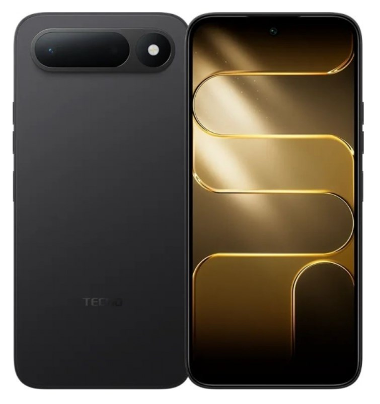Ekranında altın rengi dalga desenli siyah bir Tecno akıllı telefonun ön ve arka görünümü.