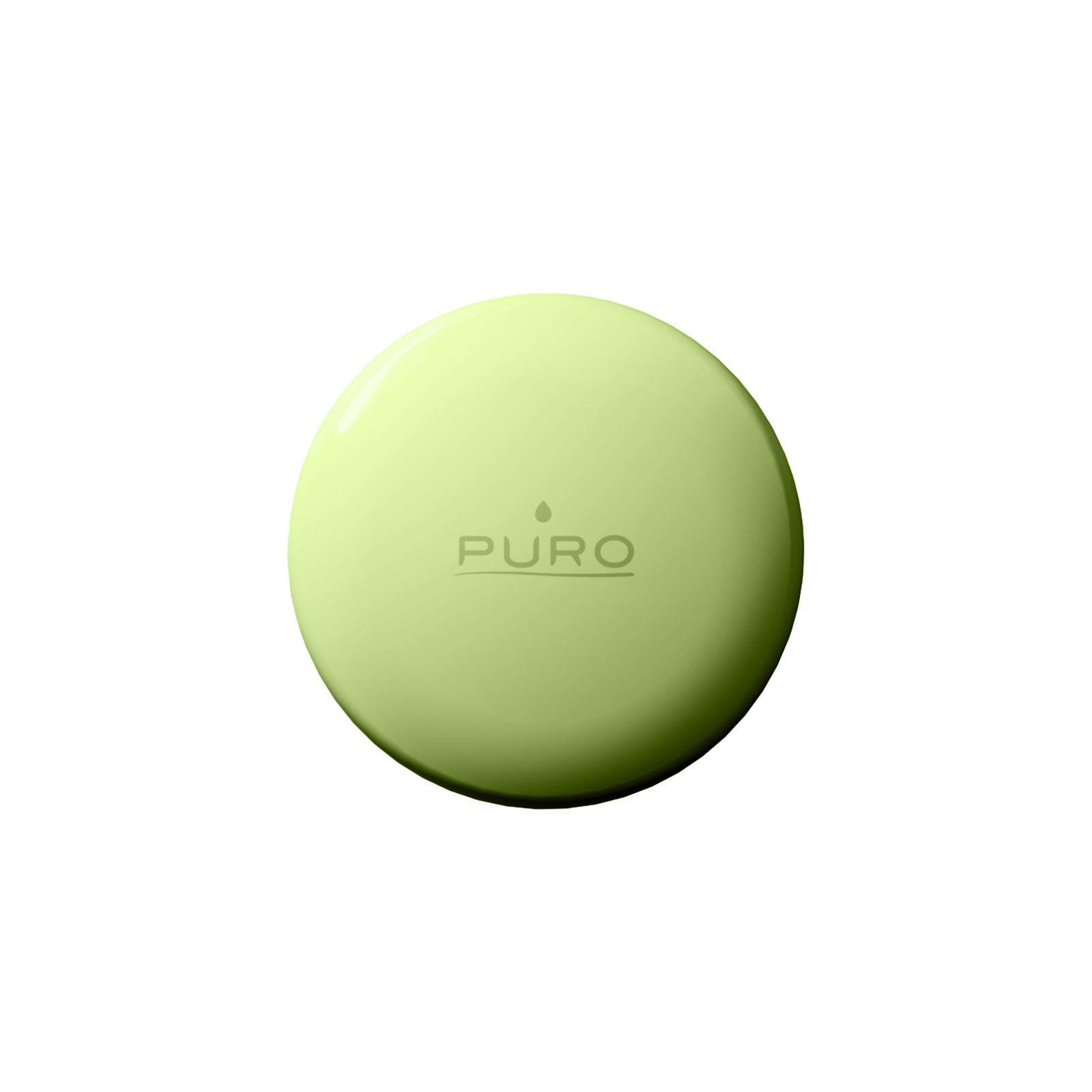 Un compacto cosmético circular verde claro con la palabra PURO y un icono de gota de agua en relieve.
