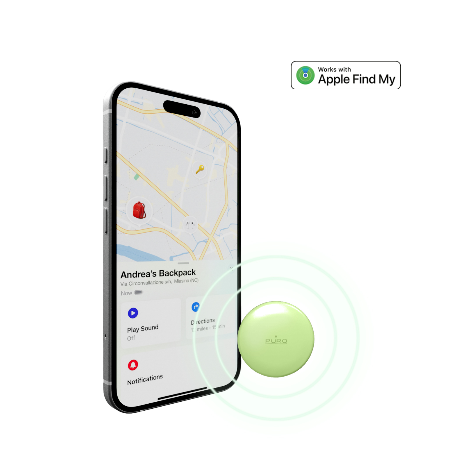 Un smartphone que muestra un mapa y app de rastreo junto a un pequeño dispositivo verde con ondas.