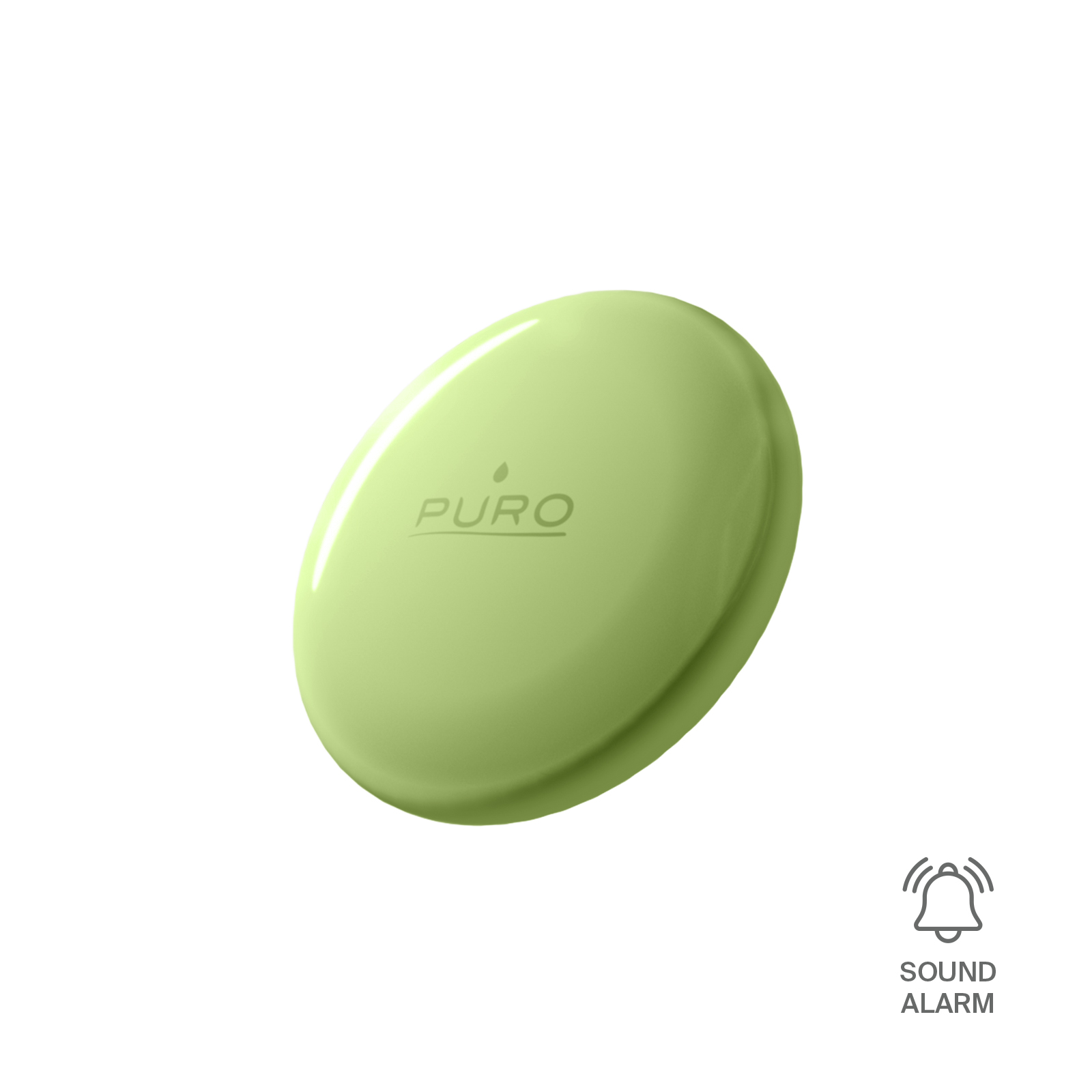 Un dispositivo PURO verde, redondo y brillante con un icono de alarma de sonido.