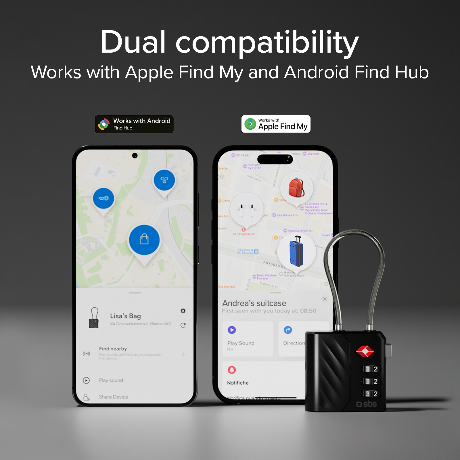 Dos teléfonos inteligentes y un candado, compatibles con Apple Find My y Android Find Hub.