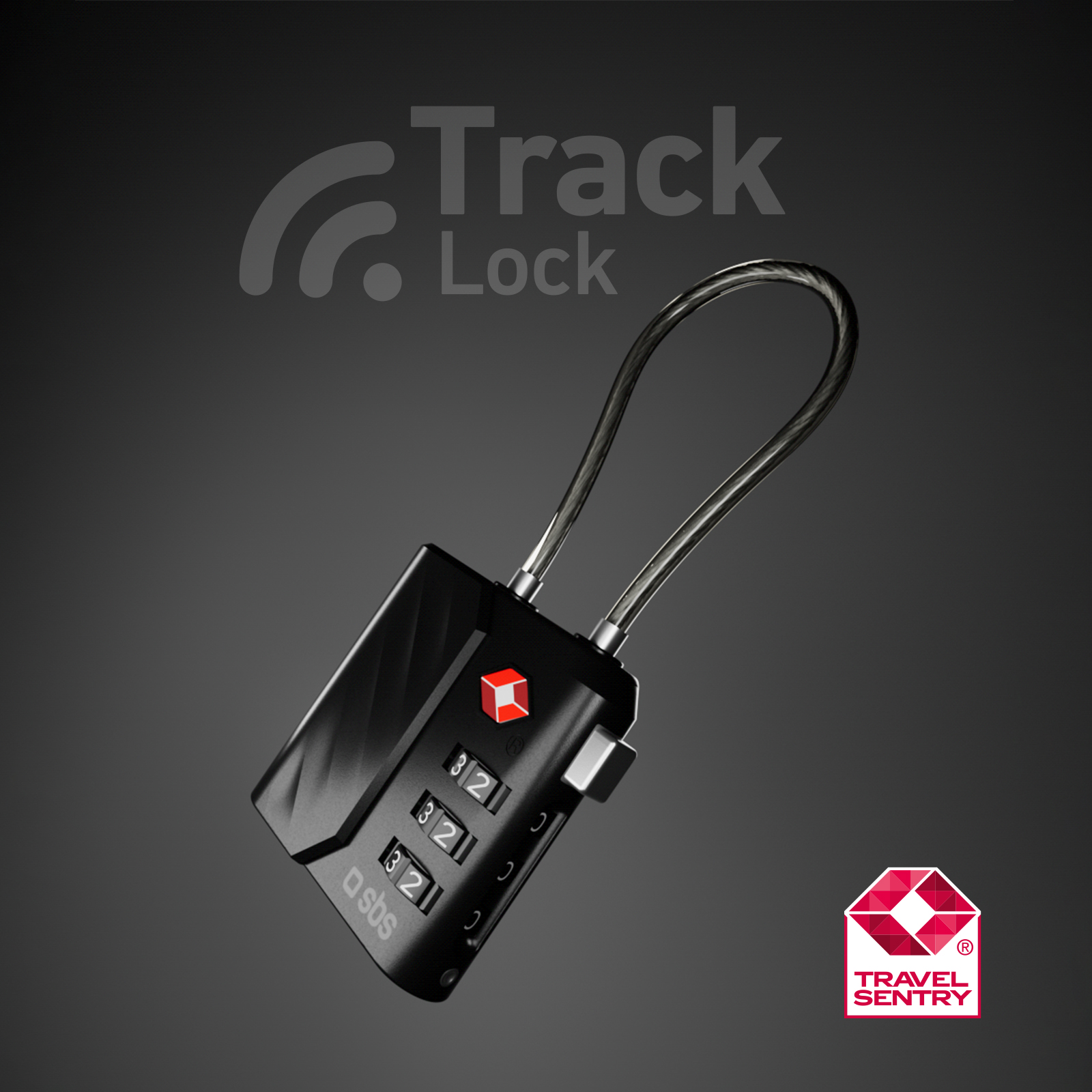 Un candado Track Lock negro con cable de acero, diales en 322 y el logotipo de Travel Sentry sobre fondo oscuro.