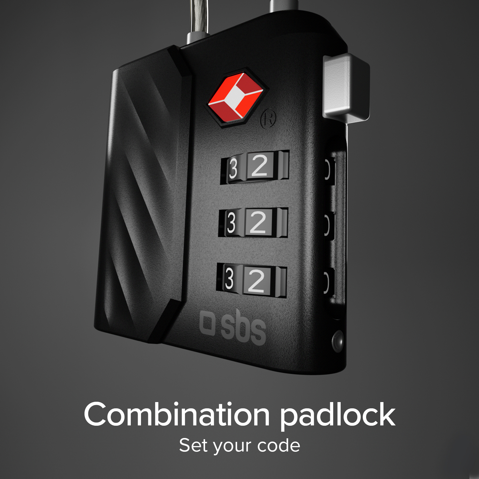 Un candado de combinación TSA negro sobre fondo gris con texto Combination padlock Set your code.