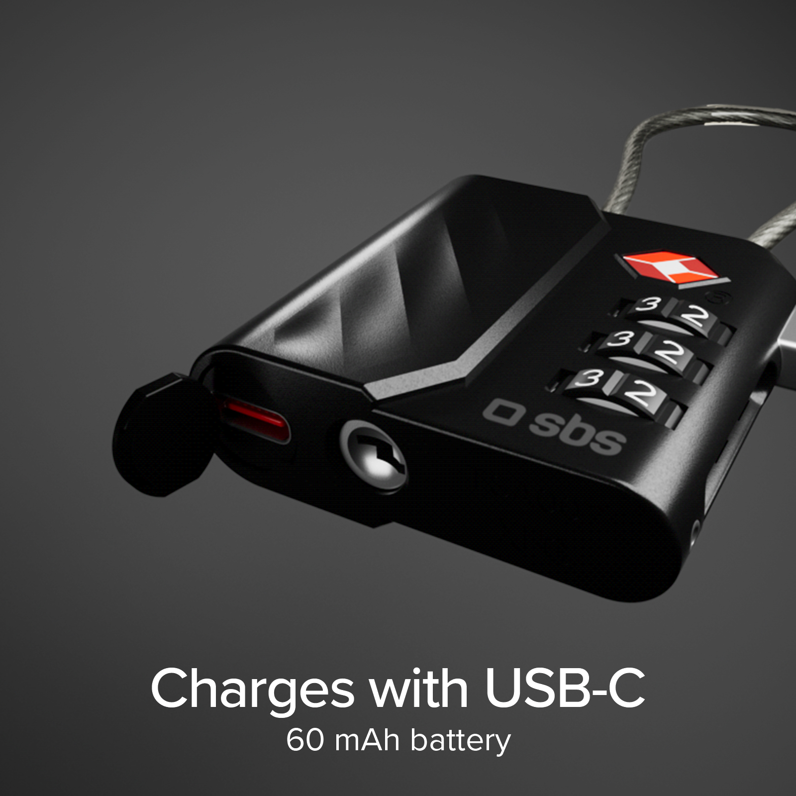 Un candado de combinación TSA negro con puerto USB-C, cerradura y cable, sobre un fondo gris oscuro.