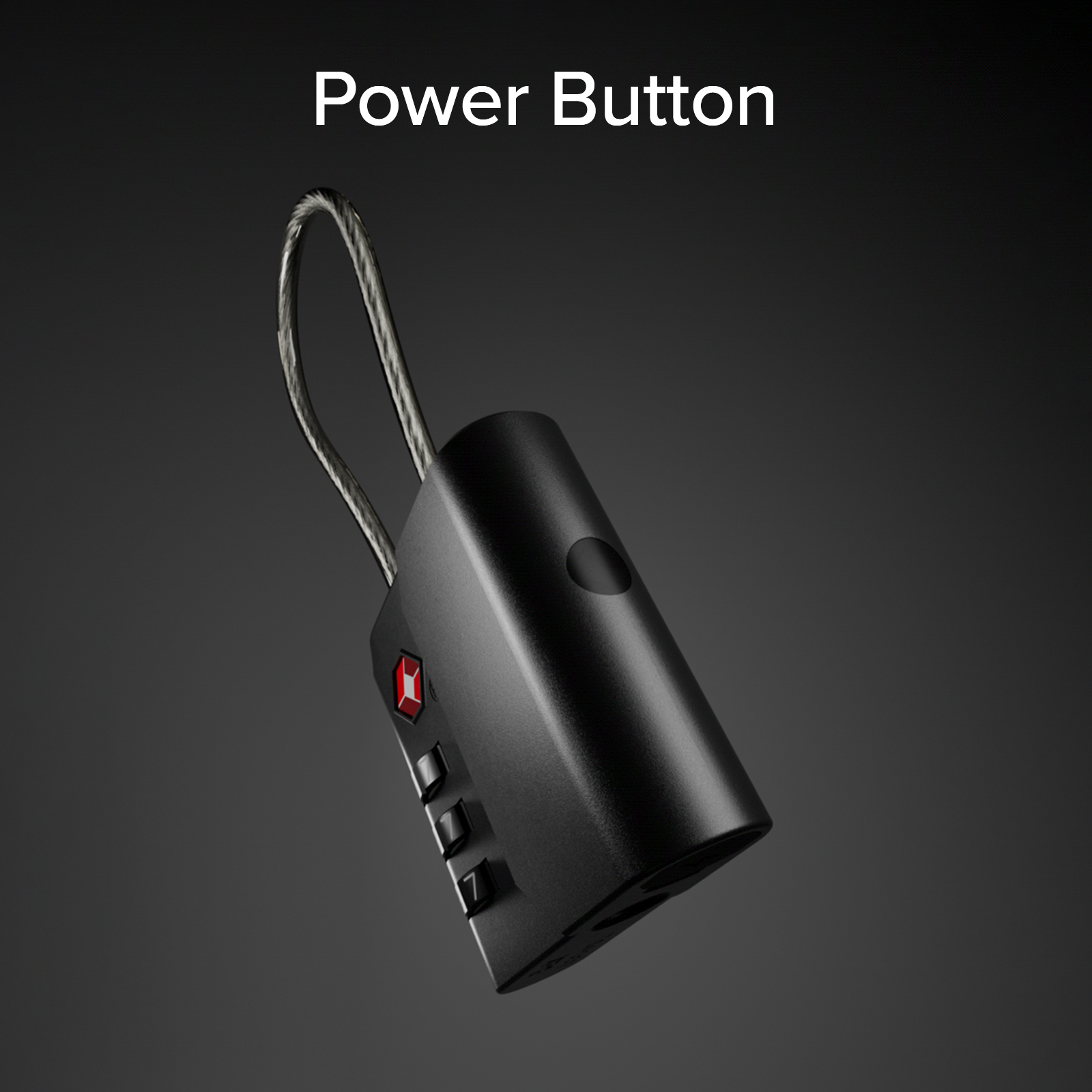 Un candado negro de cable TSA sobre fondo oscuro con el texto Power Button.