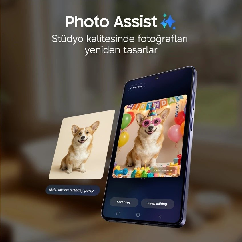 Bir corgi fotoğrafını doğum günü partisine dönüştüren fotoğraf düzenleme özelliğini gösteren akıllı telefon.