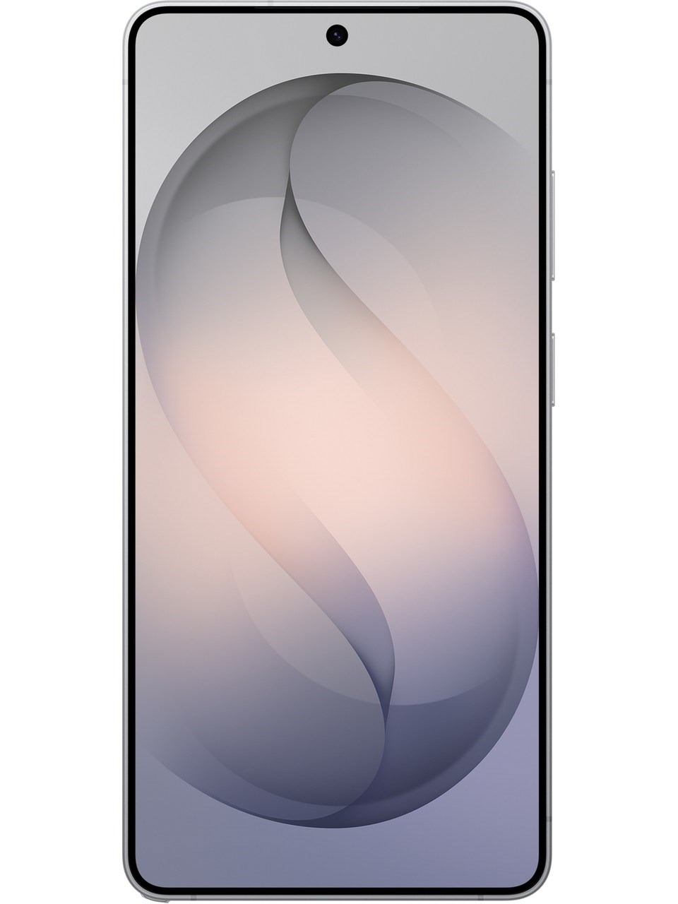 İnce çerçeveli ve soyut gri-pembe S kıvrımlı duvar kağıdına sahip bir akıllı telefon.