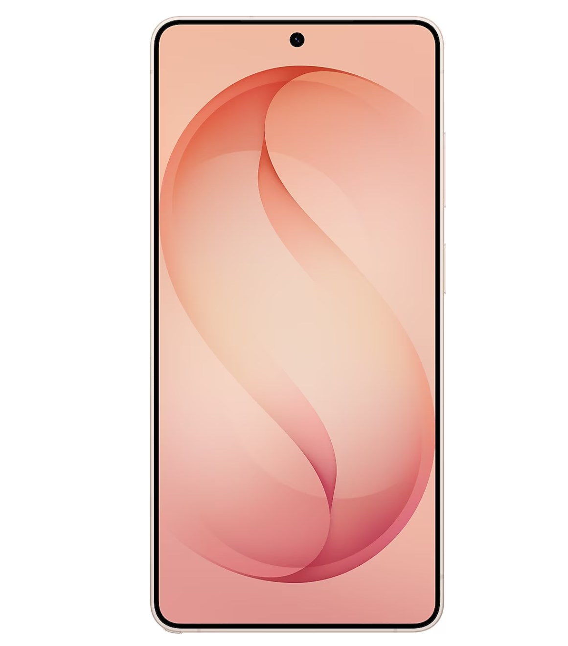 Soluk pembe kaplamalı ve ekranında kavisli S şeklinde kırmızı desenli bir akıllı telefon.