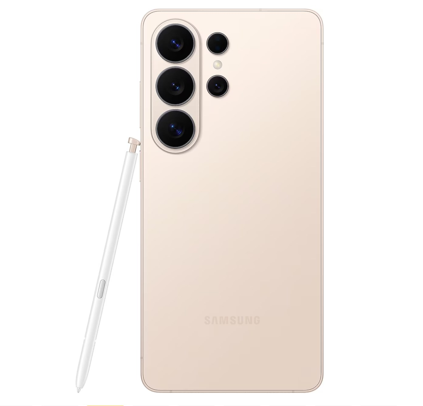 Üçlü arka kameraya ve ayrı bir beyaz S-pen kaleme sahip altın renkli akıllı telefon.