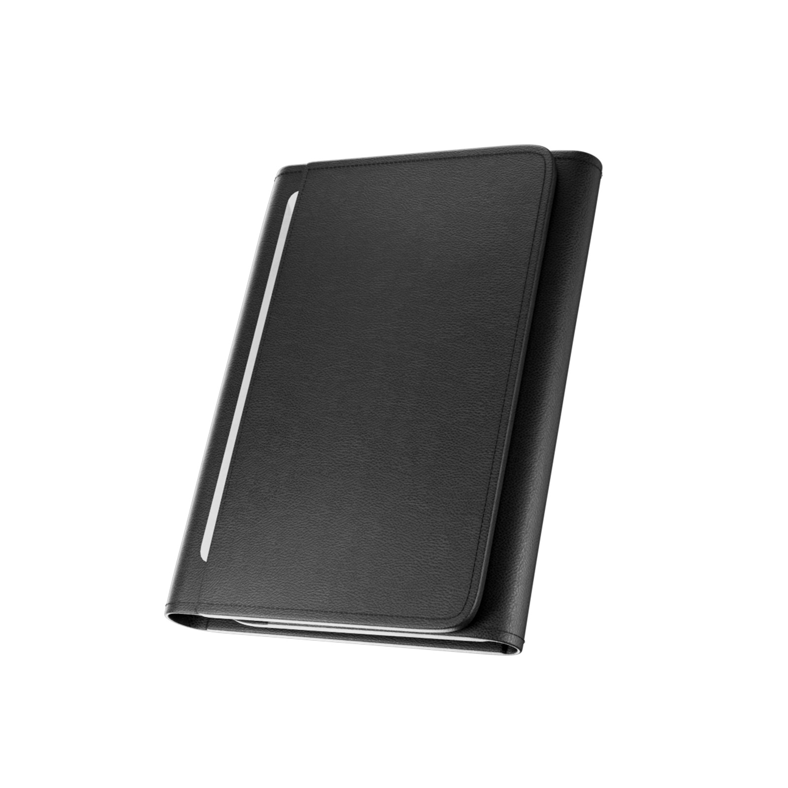Una funda de cuero negro para tablet con un detalle blanco elegante en la parte delantera, sobre fondo blanco.