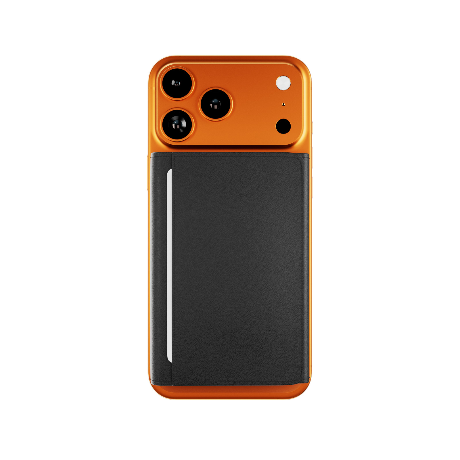 Parte trasera de un smartphone naranja con tres cámaras arriba y una cartera de cuero negro.