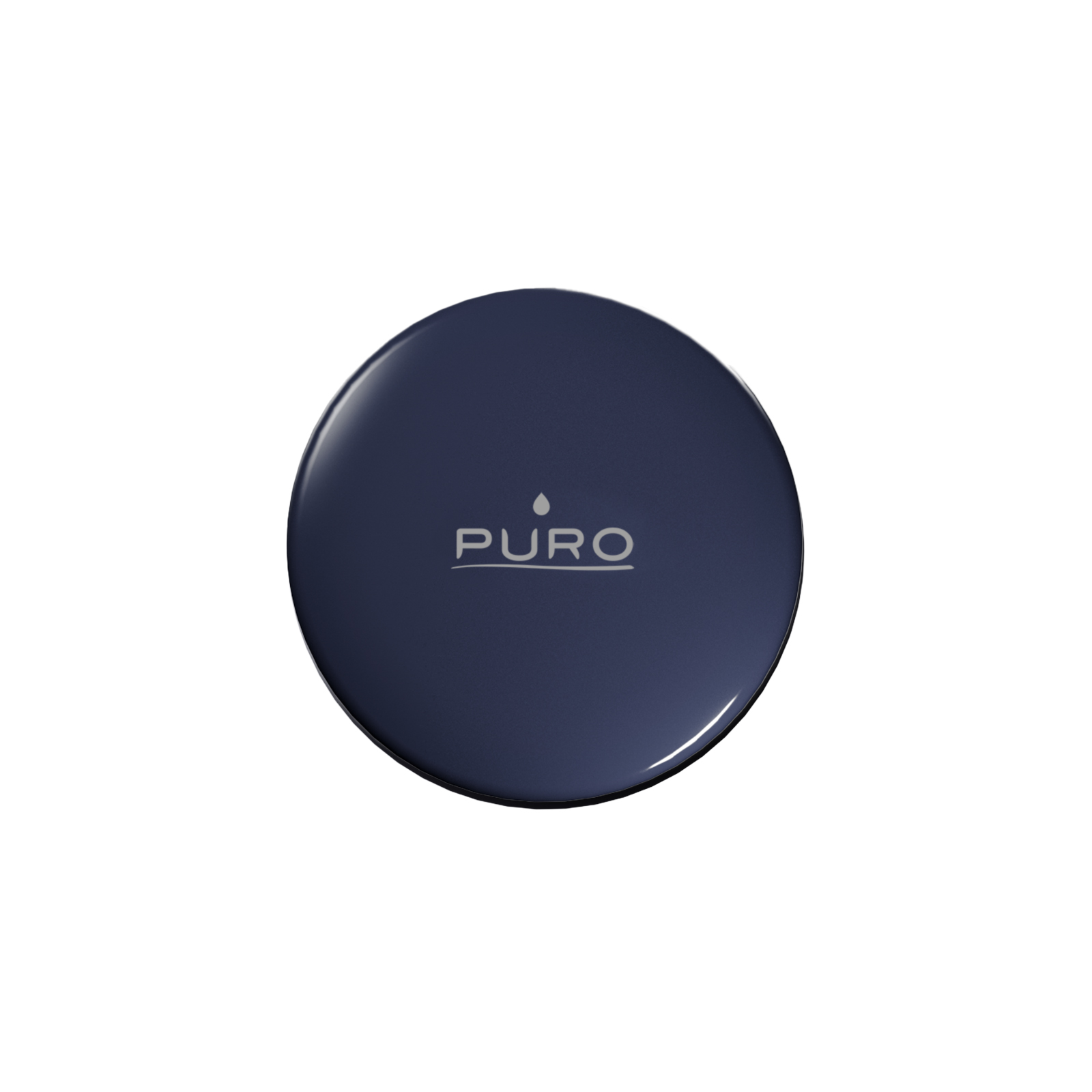 Un objeto circular azul oscuro brillante con el logotipo de la marca PURO en el centro sobre fondo blanco.