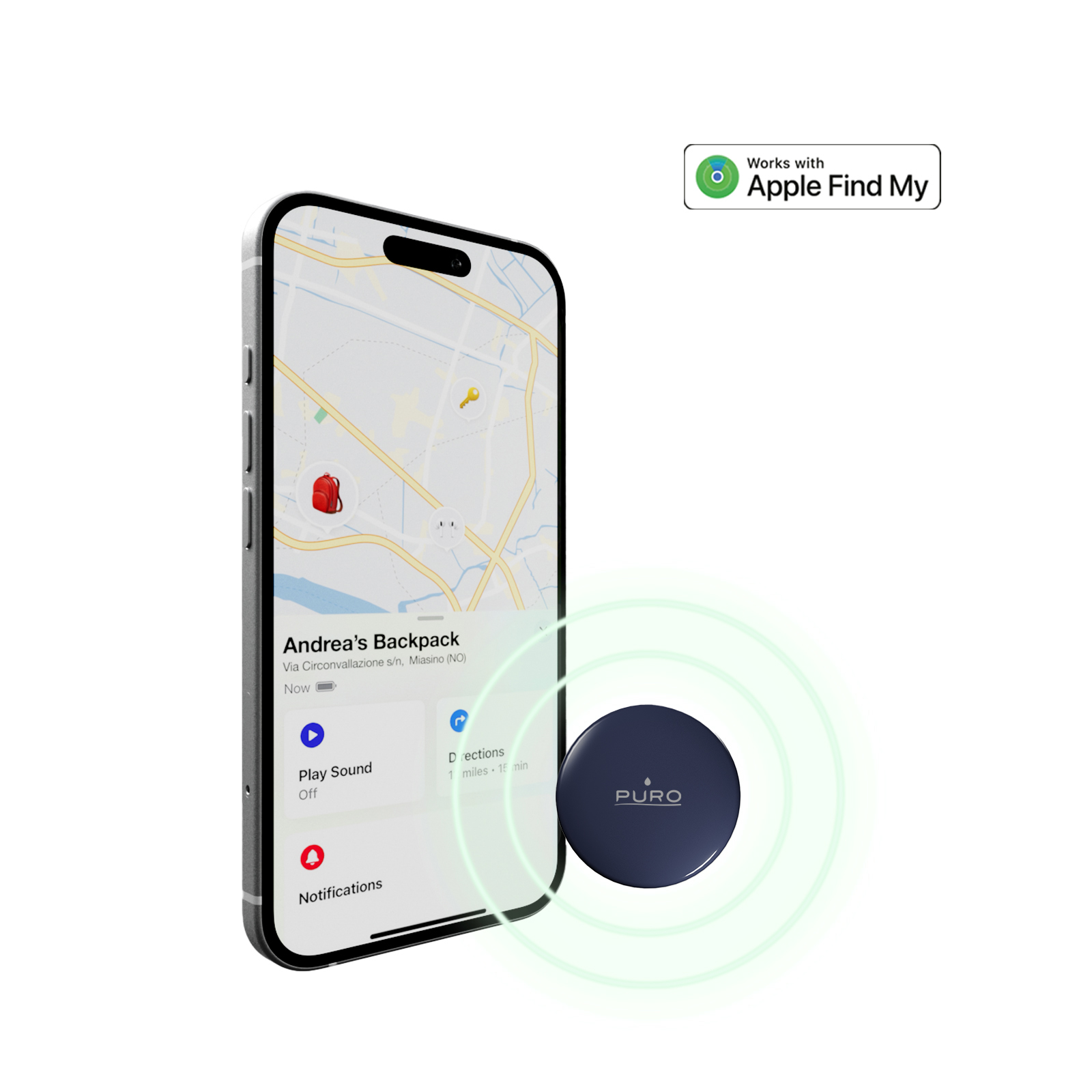 Un smartphone muestra un mapa de Find My y un rastreador Puro emitiendo ondas verdes.