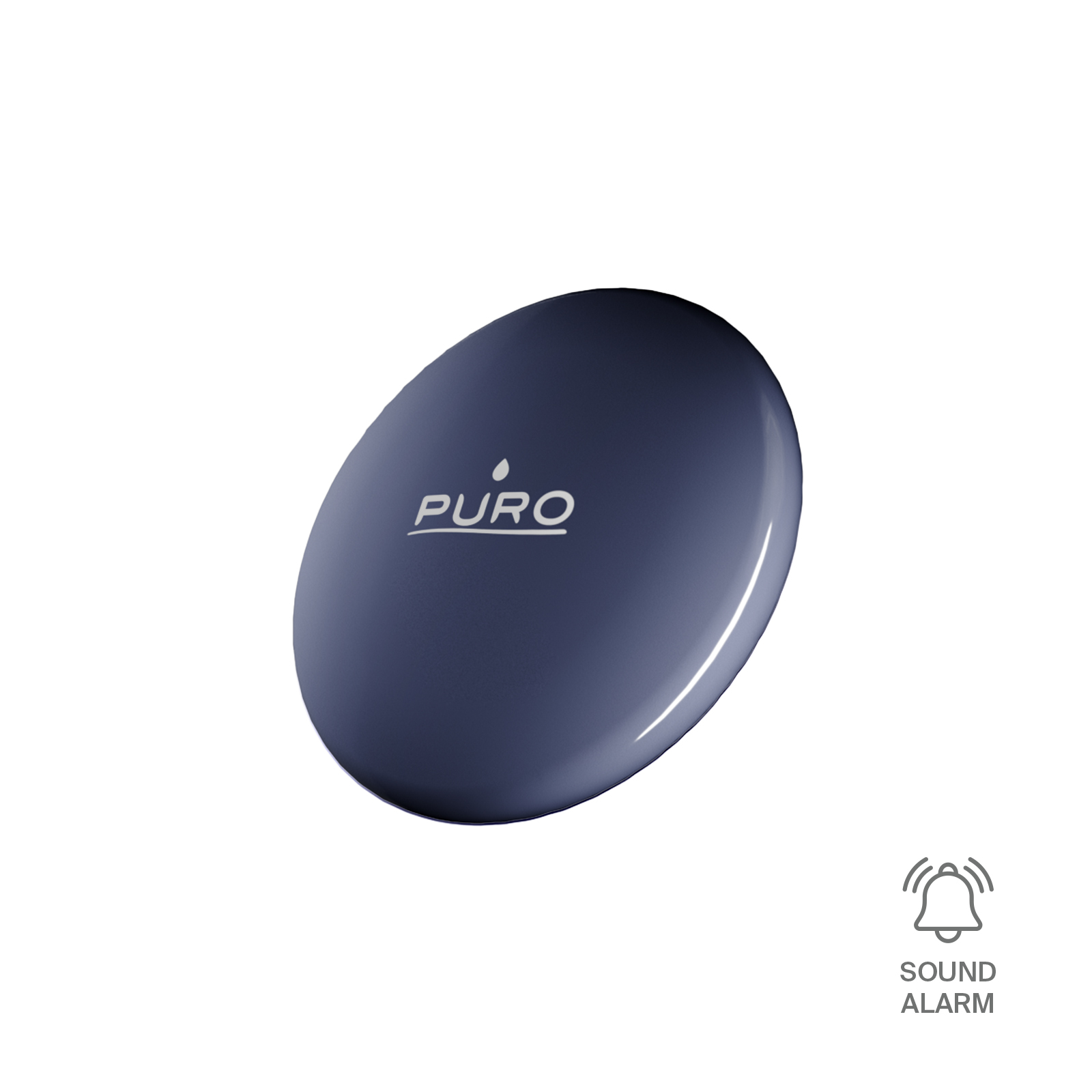 Dispositivo PURO redondo y azul oscuro con logo blanco e icono de alarma sonora.