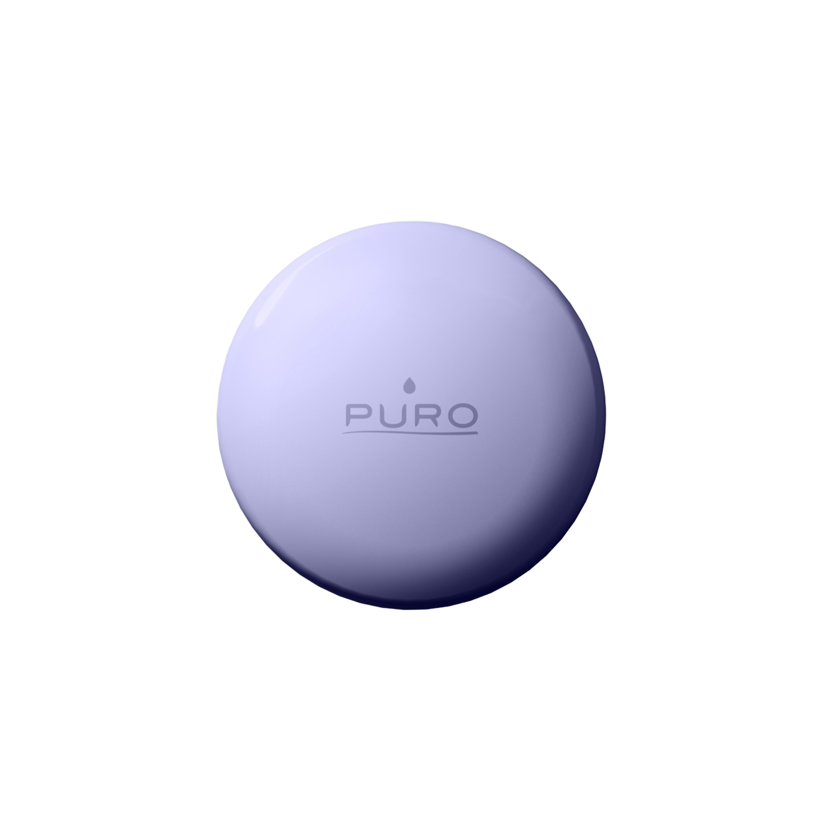 Un objeto redondo y morado con la marca PURO en el centro, aislado sobre un fondo blanco.