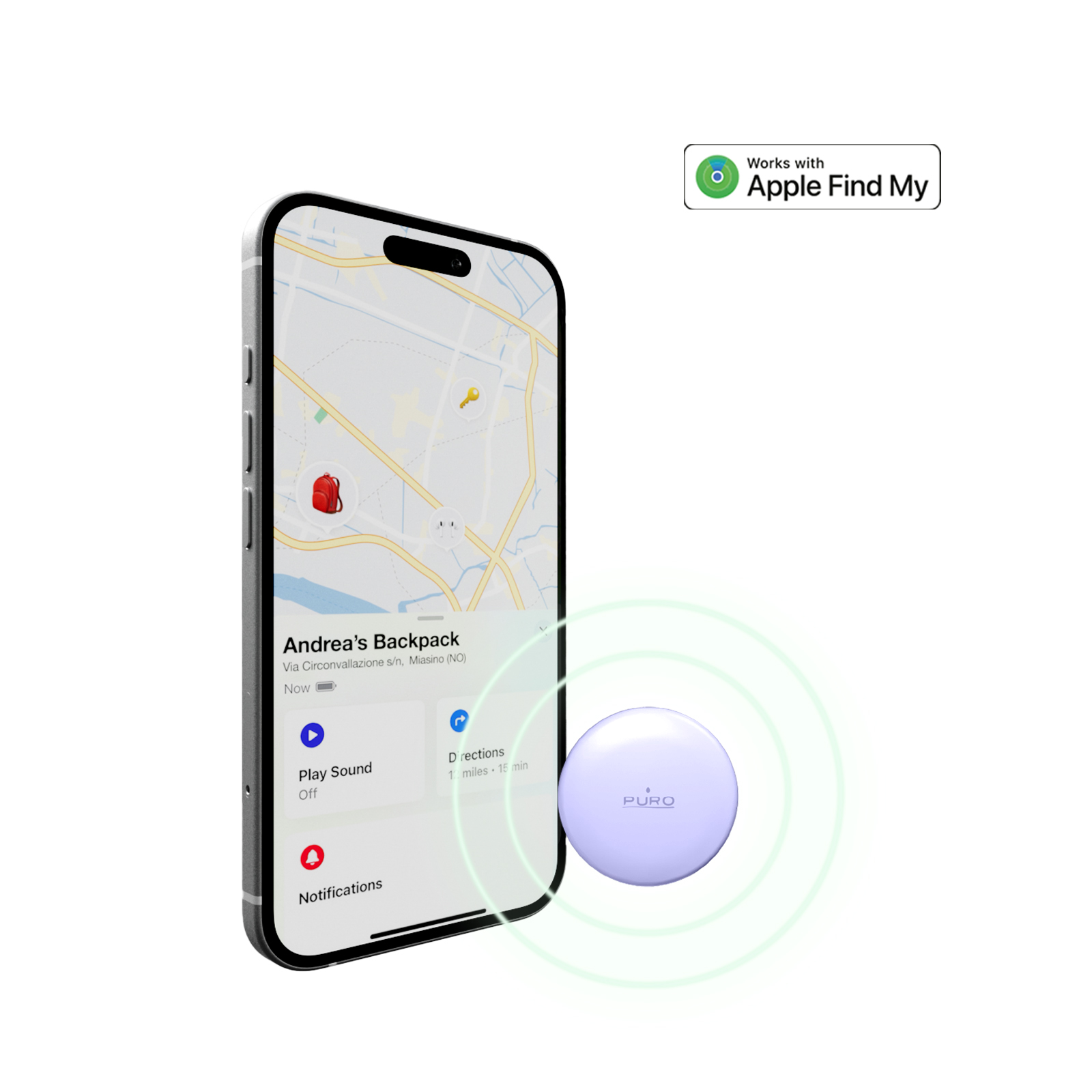 Smartphone con una aplicación de mapas y un rastreador morado que emite ondas verdes.
