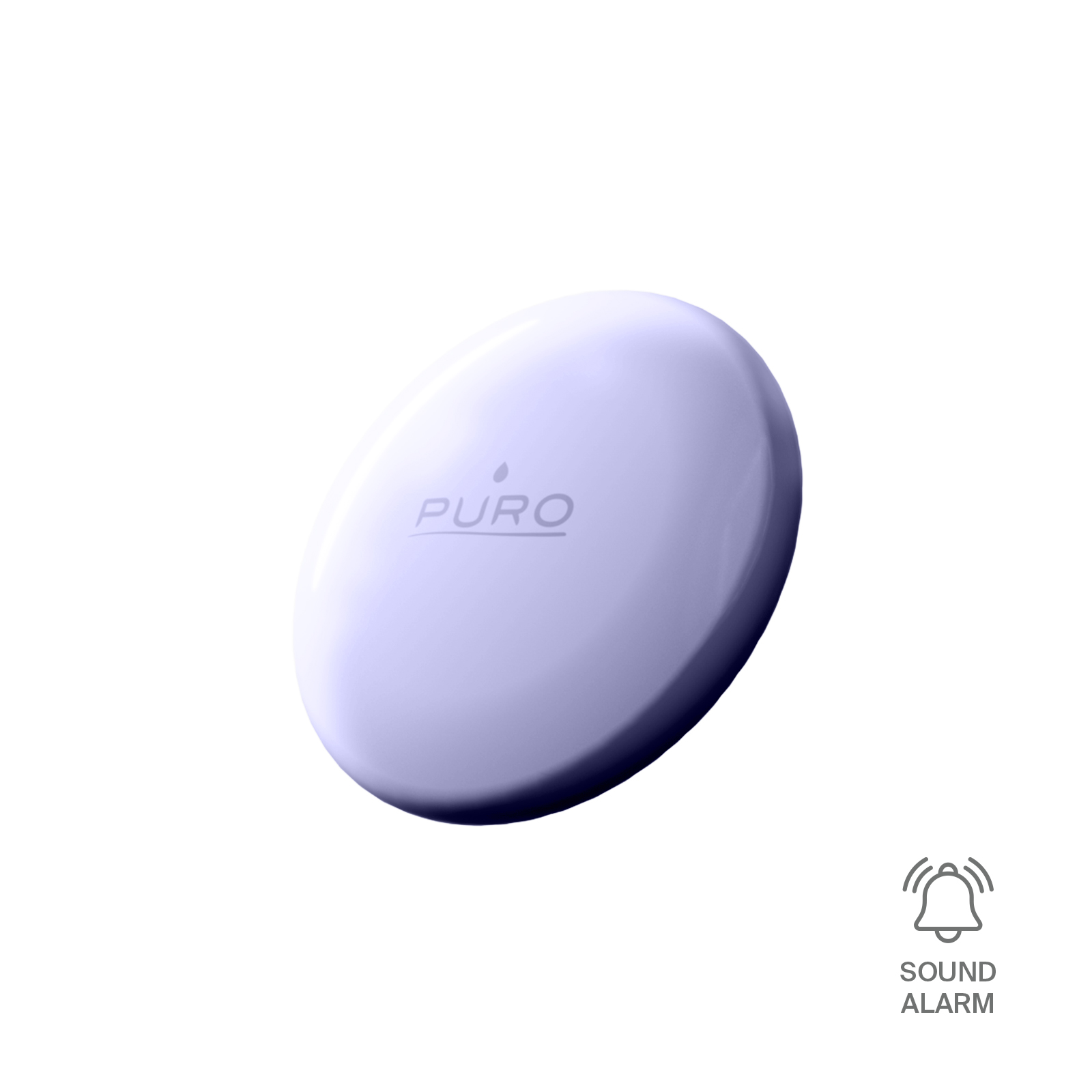 Un dispositivo PURO redondo y azul claro con un símbolo de gota y el texto Sound Alarm en la esquina inferior derecha.