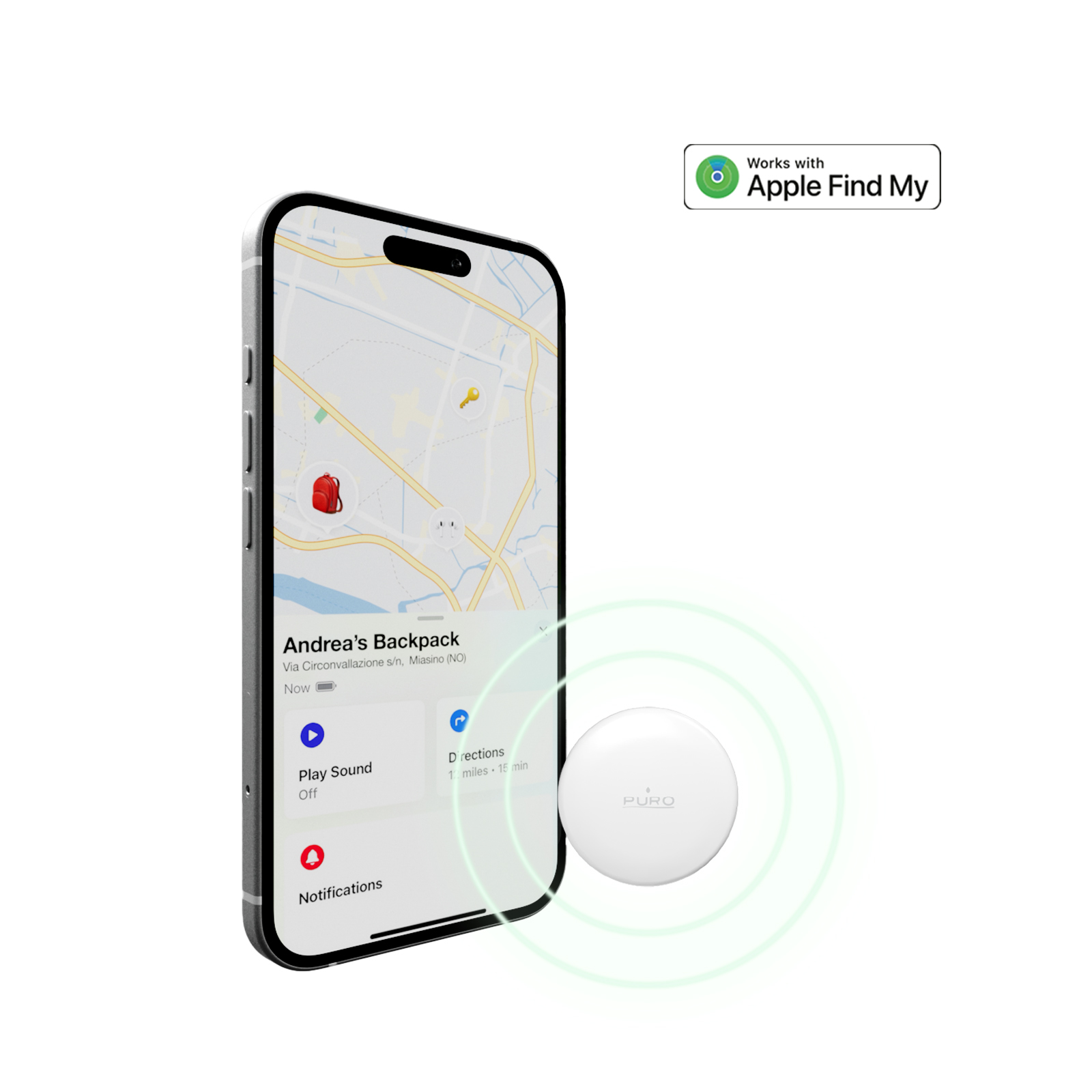 Smartphone que muestra la aplicación Apple Find My con un rastreador inteligente blanco y ondas al lado.