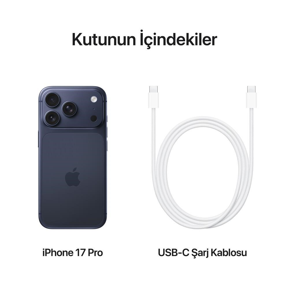 Kutu içeriğinde mavi iPhone 17 Pro ve beyaz USB-C kablosu beyaz arka planda.