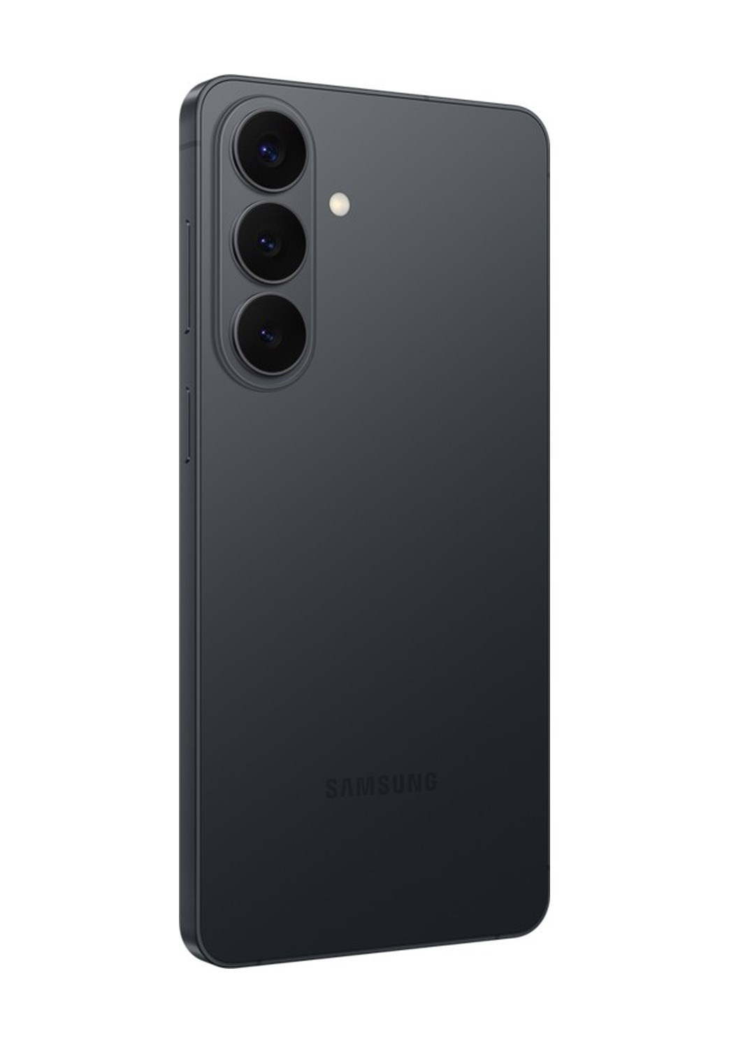 Üç dikey kamera ve Samsung logosuna sahip koyu renkli bir akıllı telefonun arkası.