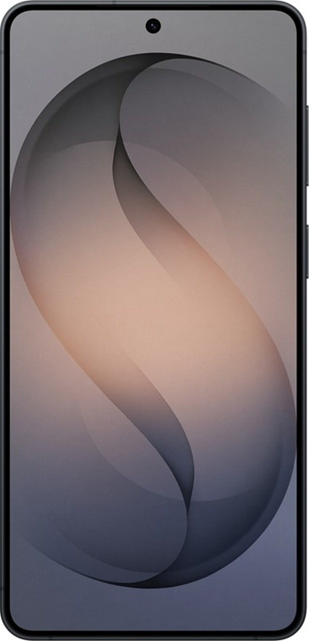 Ekranında soyut, kavisli S şeklinde bir grafik bulunan siyah bir akıllı telefon.