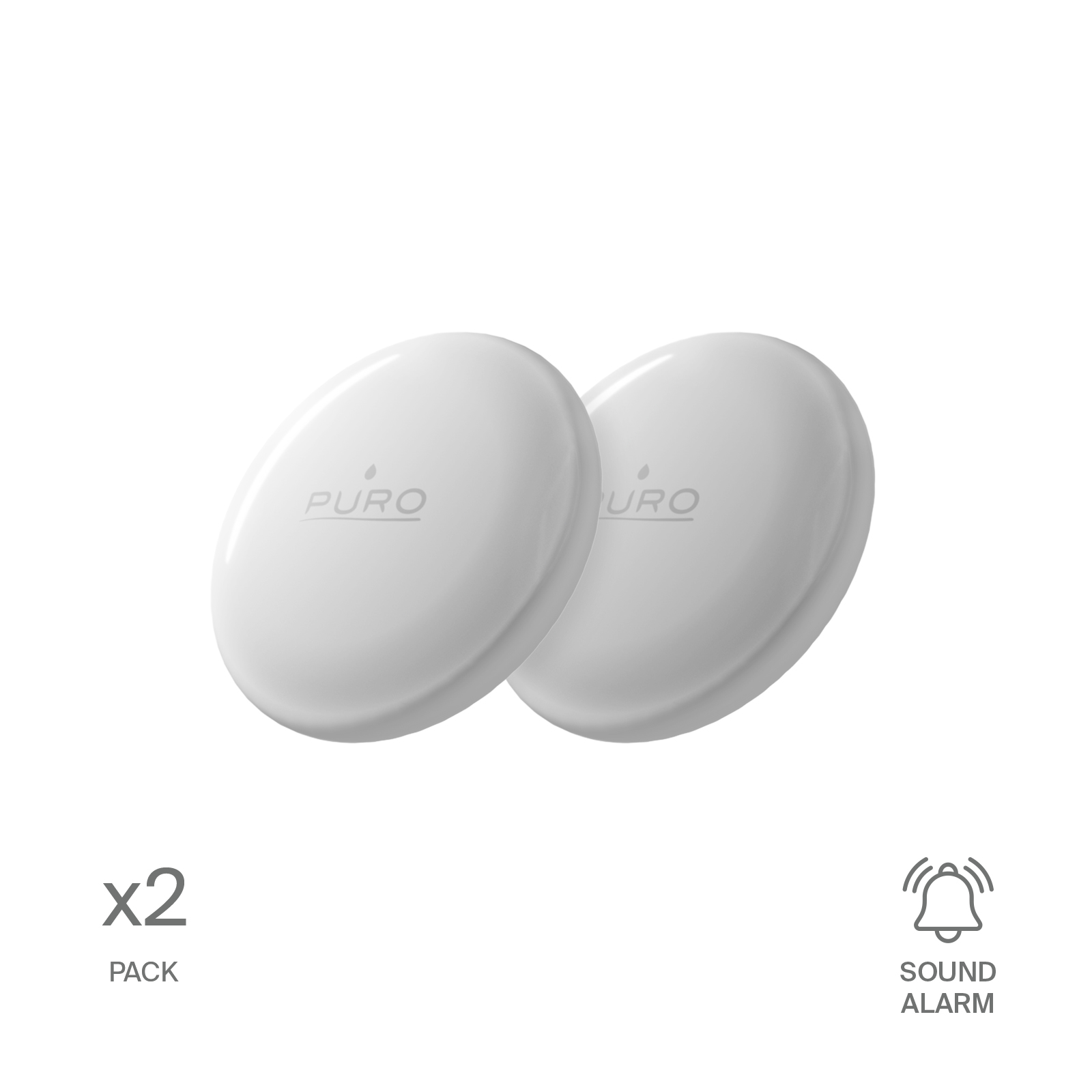 Dos dispositivos rastreadores Puro blancos y redondos con texto x2 PACK y SOUND ALARM.