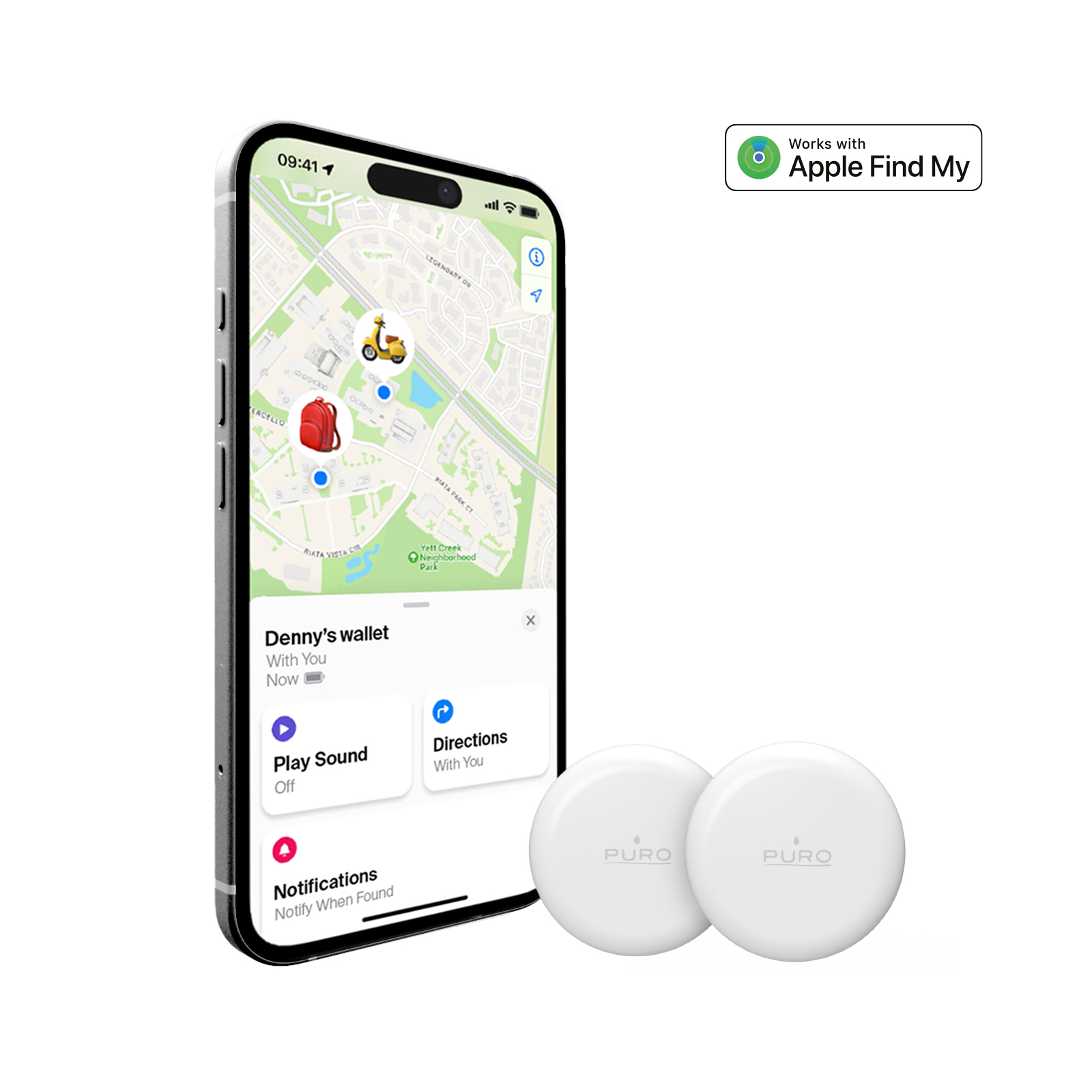 Un smartphone con un mapa de la aplicación Buscar junto a dos dispositivos de rastreo Puro blancos.