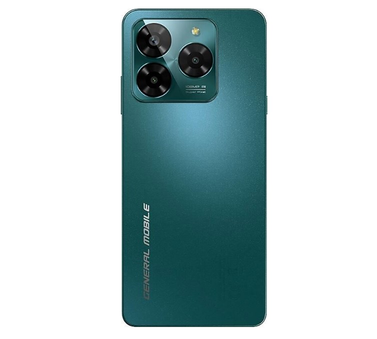 Sol üstte üçlü kamera modülü ve dikey General Mobile yazısı olan yeşil akıllı telefon arka kapağı.