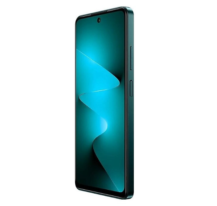 Turkuaz ekranlı koyu yeşil bir akıllı telefon beyaz arka planda açılı duruyor.