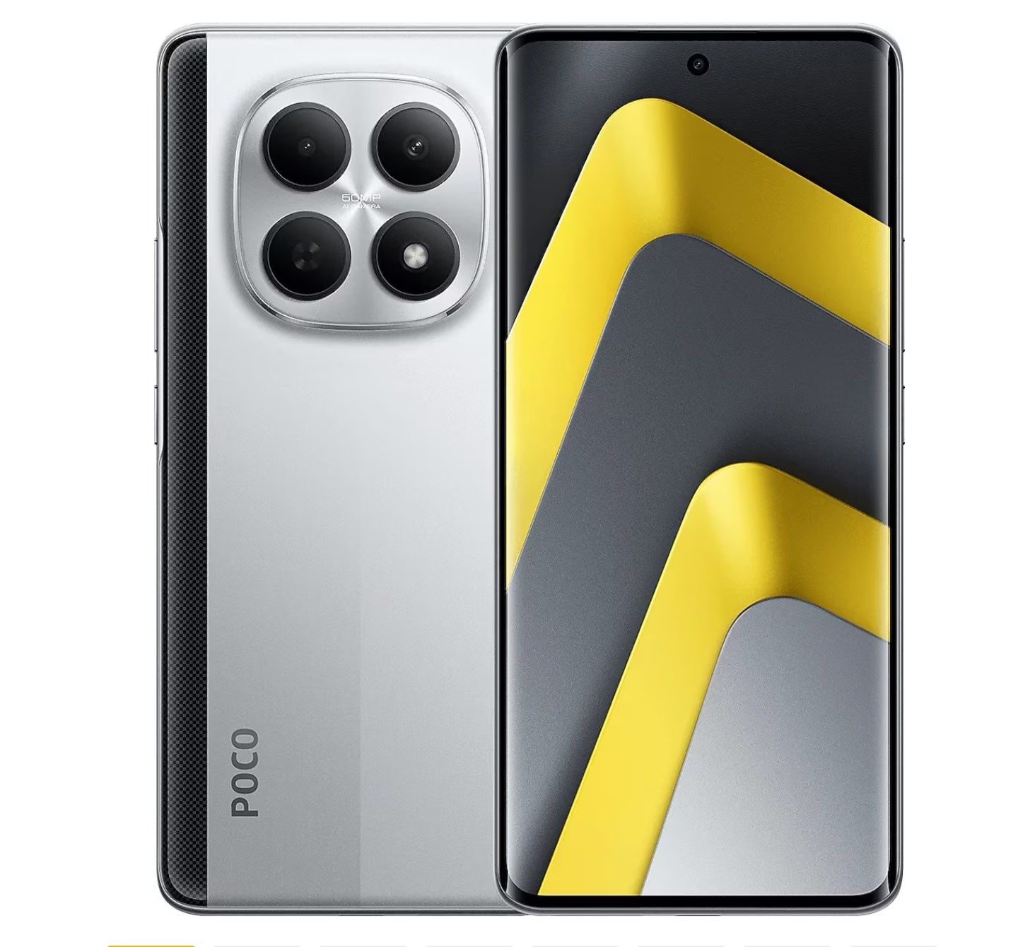Arkada dört kameralı modülü ve sarı-gri ekranı olan gümüş renkli POCO akıllı telefon.