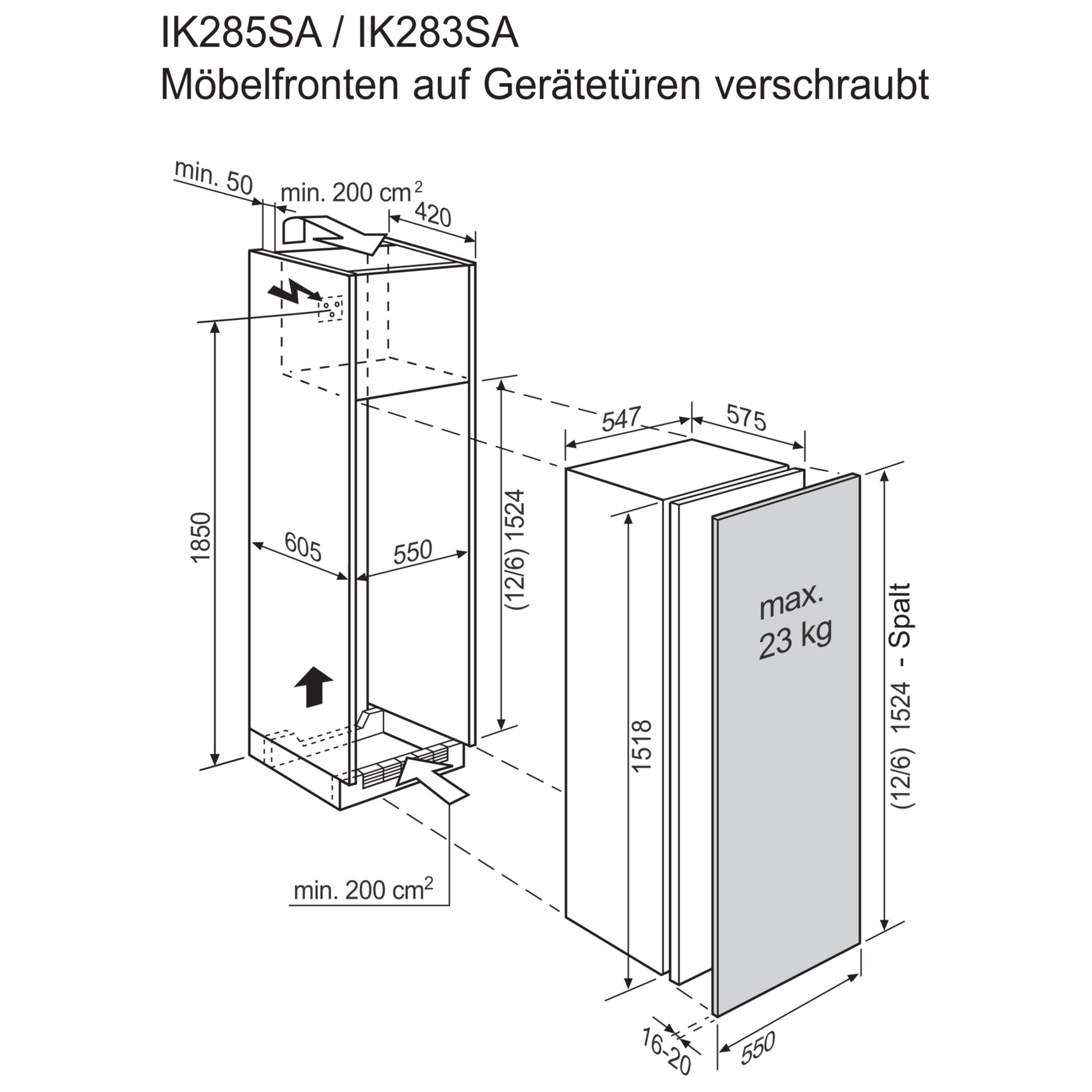 Technische Zeichnung mit Maßen für die Möbelmontage von IK285SA / IK283SA.
