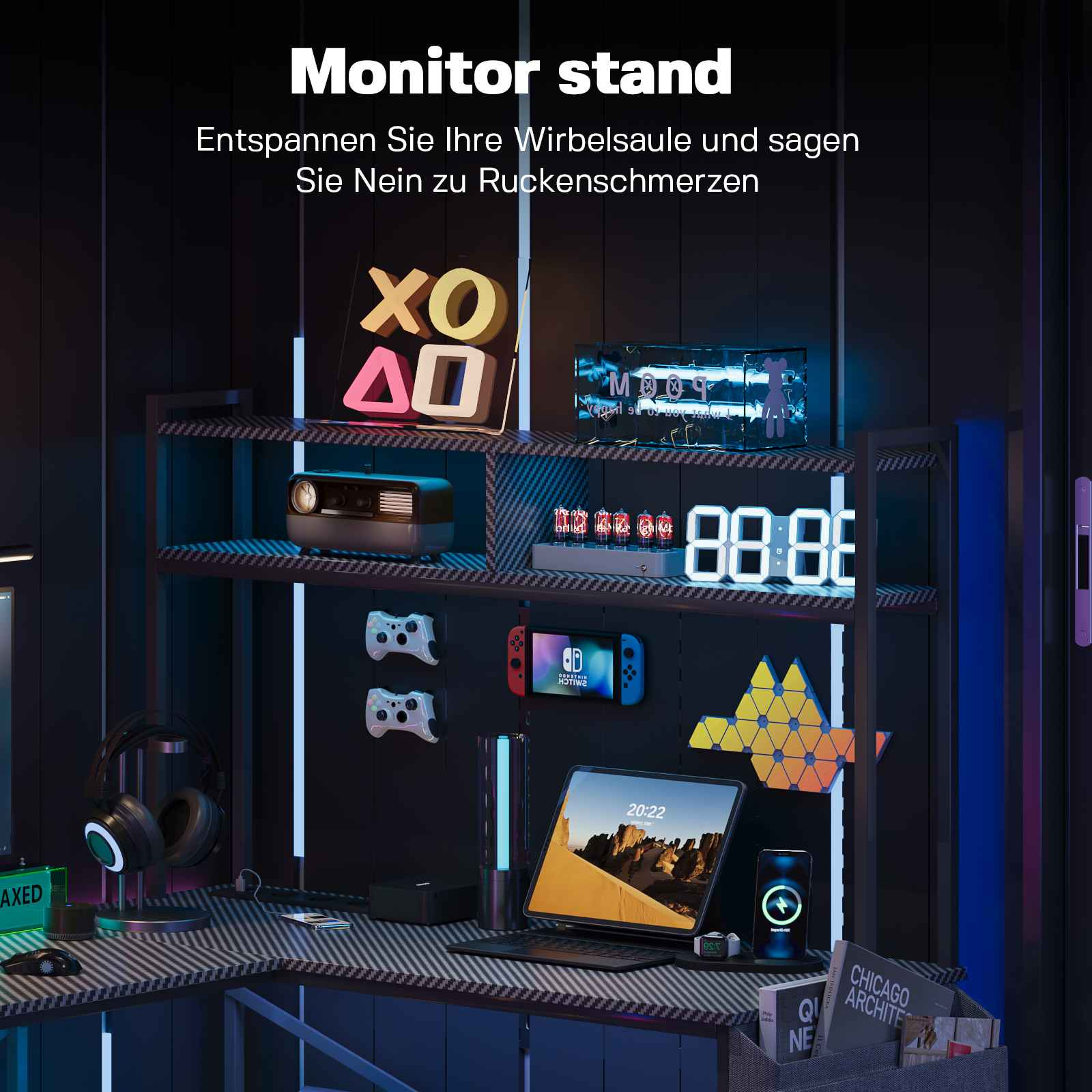 Gaming-Schreibtisch mit Monitorständer, Regalen, farbiger Beleuchtung und Elektronik.