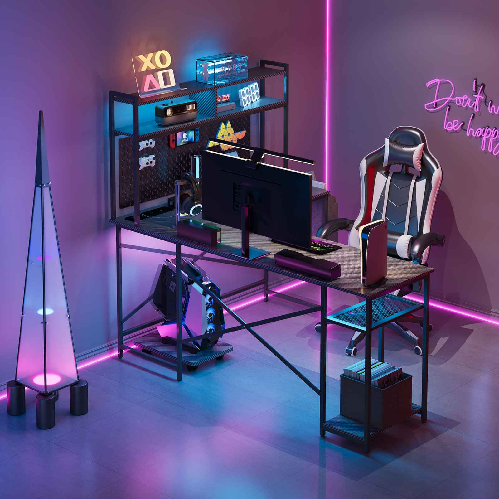 Moderne Gaming-Setup mit PC, großem Monitor, schwarz-weißem Stuhl und bunten Neonlichtern im dunklen Raum.