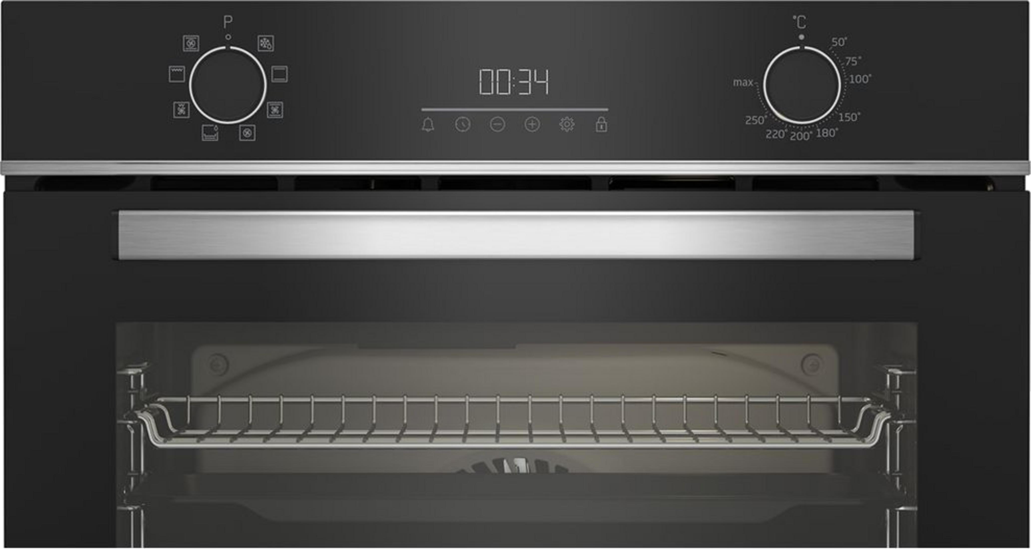 Un four encastrable noir avec deux boutons, un écran numérique central et une grille à l'intérieur.