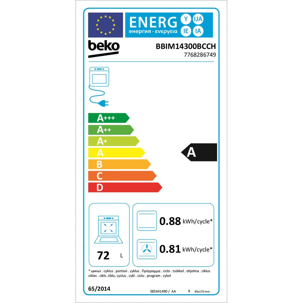 Étiquette d'efficacité énergétique du four Beko BBIM14300BCCH de classe A.