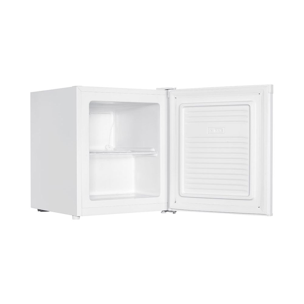 Un petit congélateur blanc avec la porte ouverte, révélant un intérieur vide et une étagère en fil de fer.