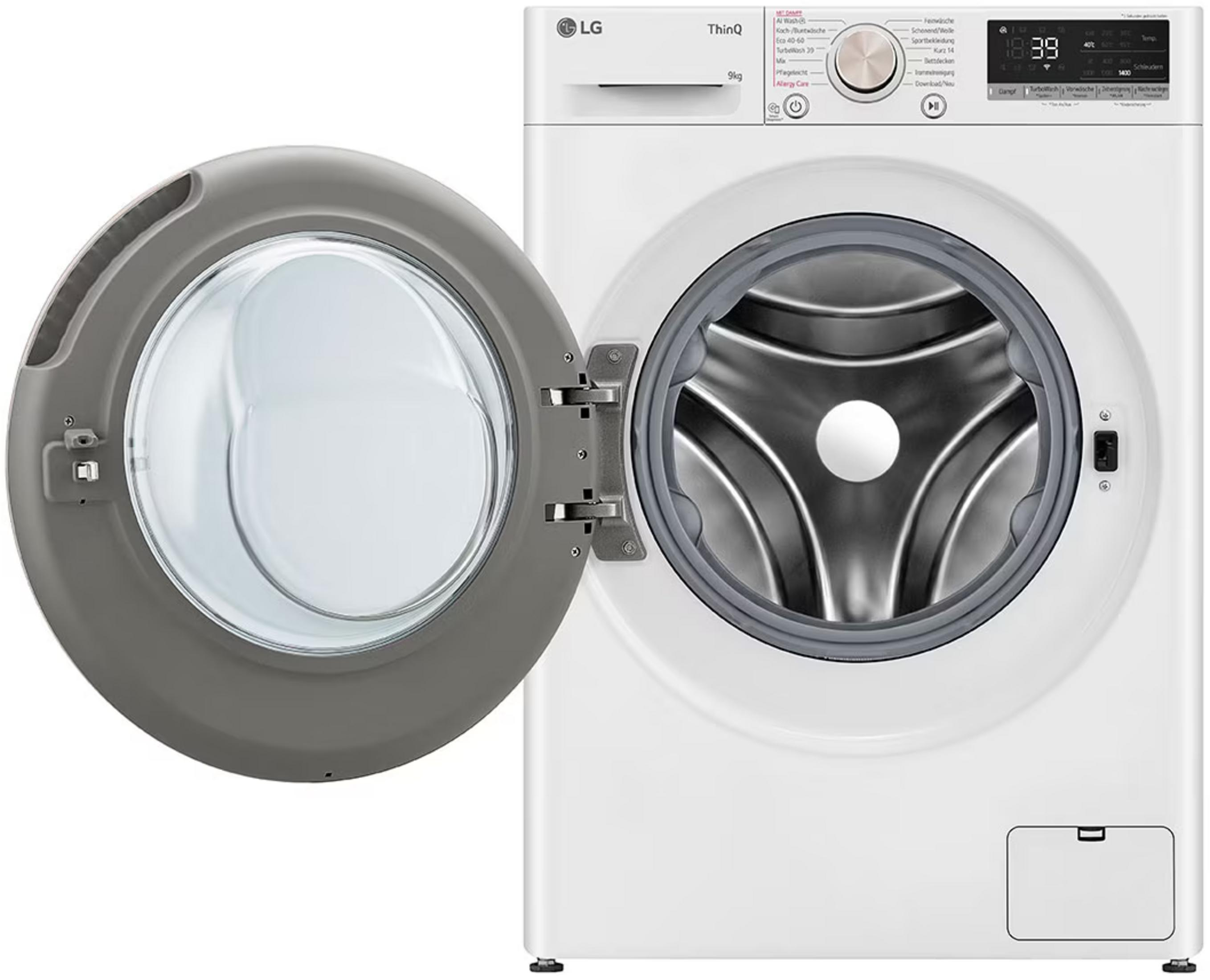 Weiße Frontlader-Waschmaschine von LG ThinQ mit offener Trommeltür.