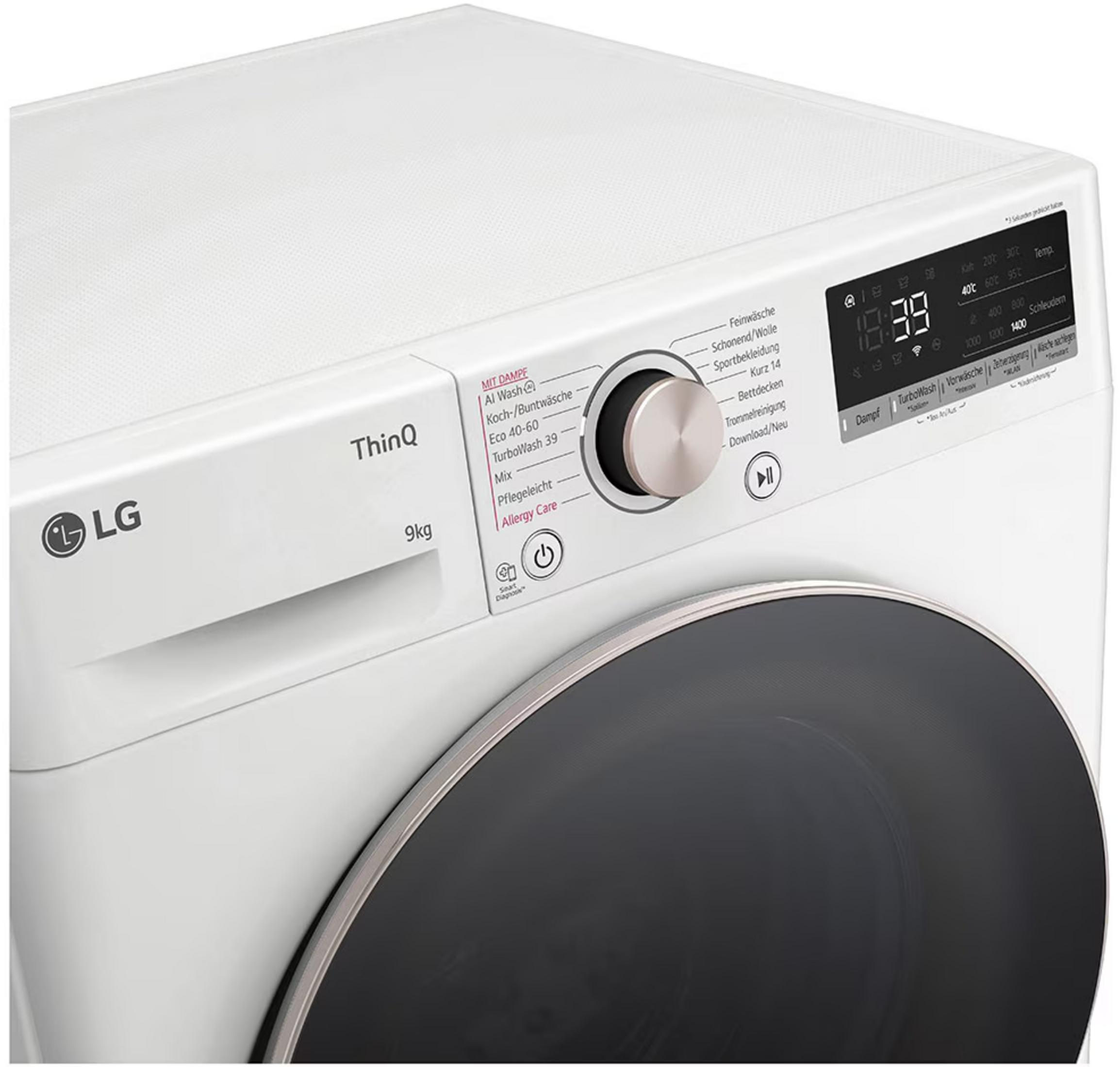 Weiße LG ThinQ Waschmaschine mit schwarzem Display, Programmwahlknopf und runder Glastür.