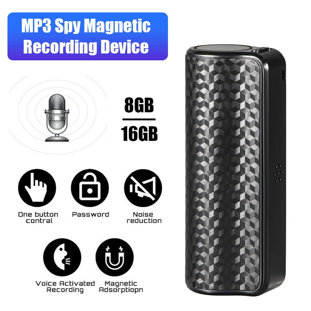 Schwarzes MP3-Spionage-Aufnahmegerät mit Symbolen für Funktionen wie Spracherkennung und Passwortschutz.