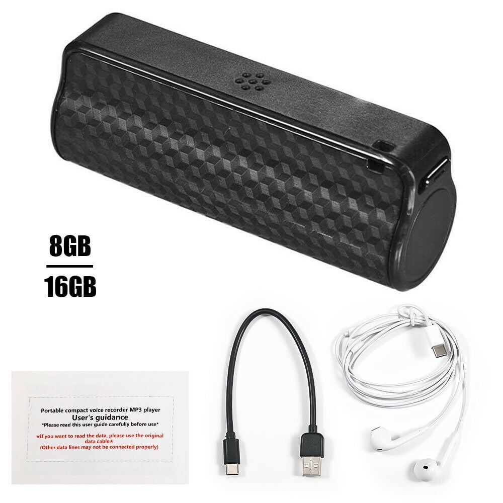 Ein schwarzer Digitalrekorder mit Kabeln, Kopfhörern, Anleitung und 8GB/16GB-Optionen.