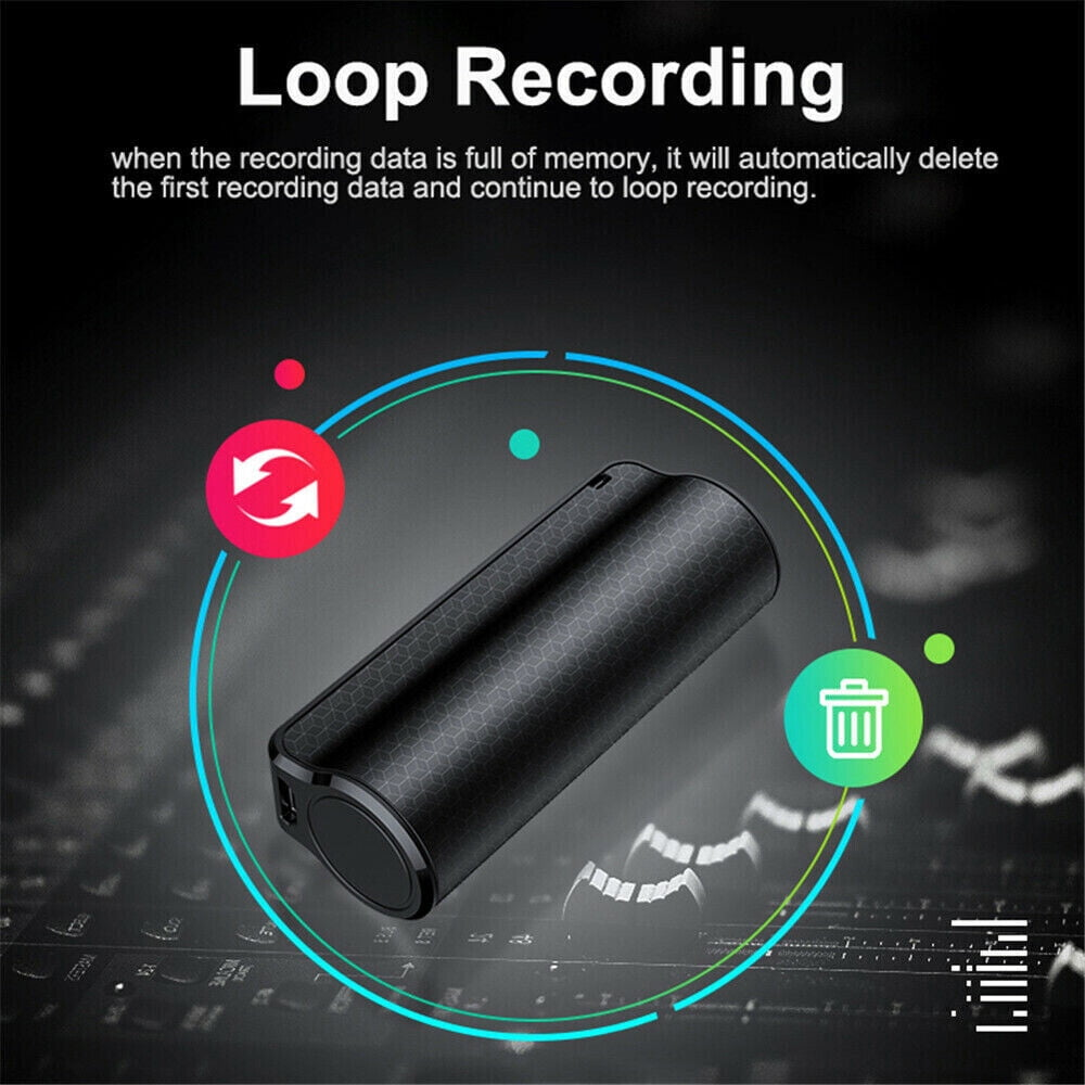Ein zylindrisches schwarzes Gerät mit Kreisen und Icons, das Loop-Recording erklärt.