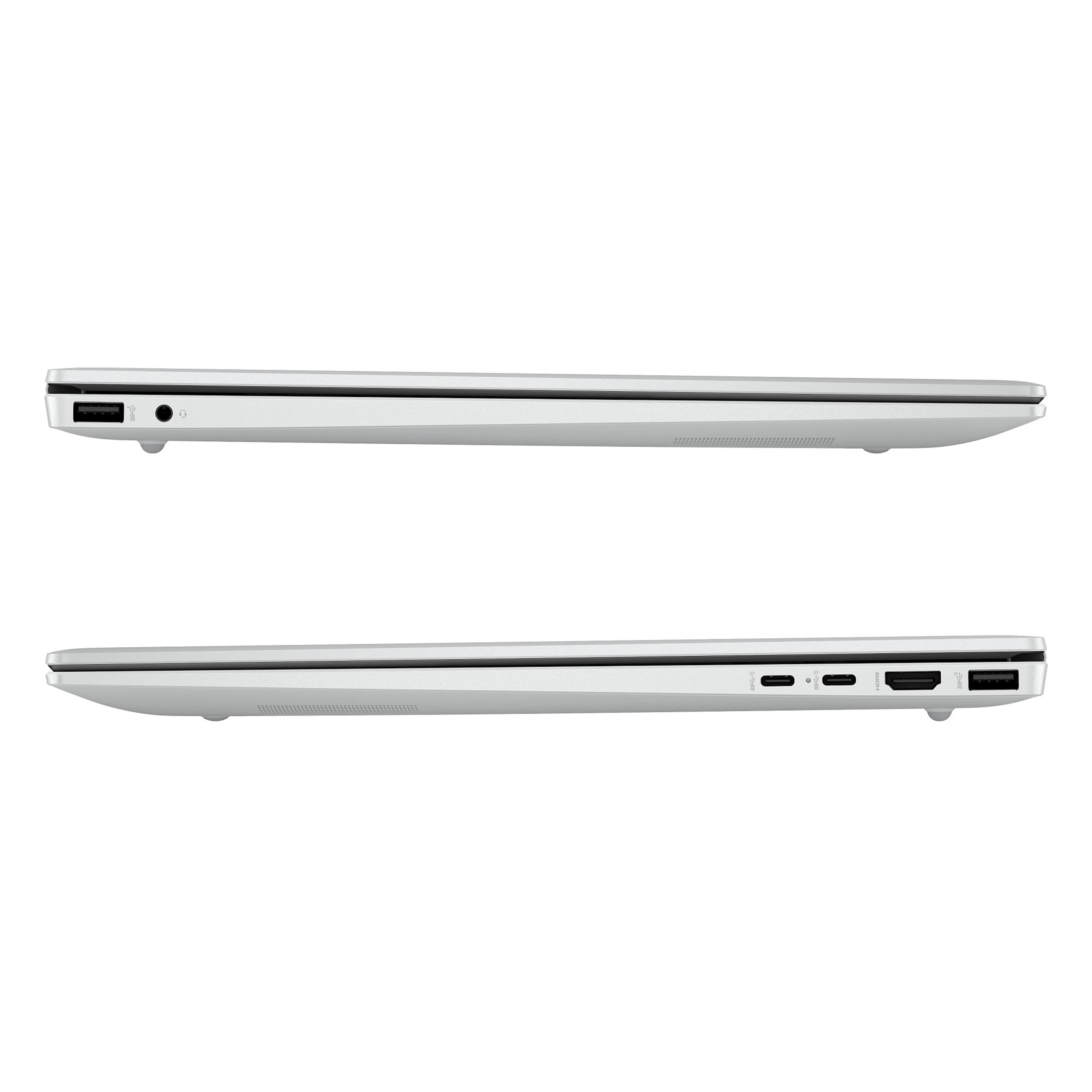 Seitenansichten eines silbernen Laptops mit verschiedenen Anschlüssen auf beiden Seiten vor weißem Hintergrund.