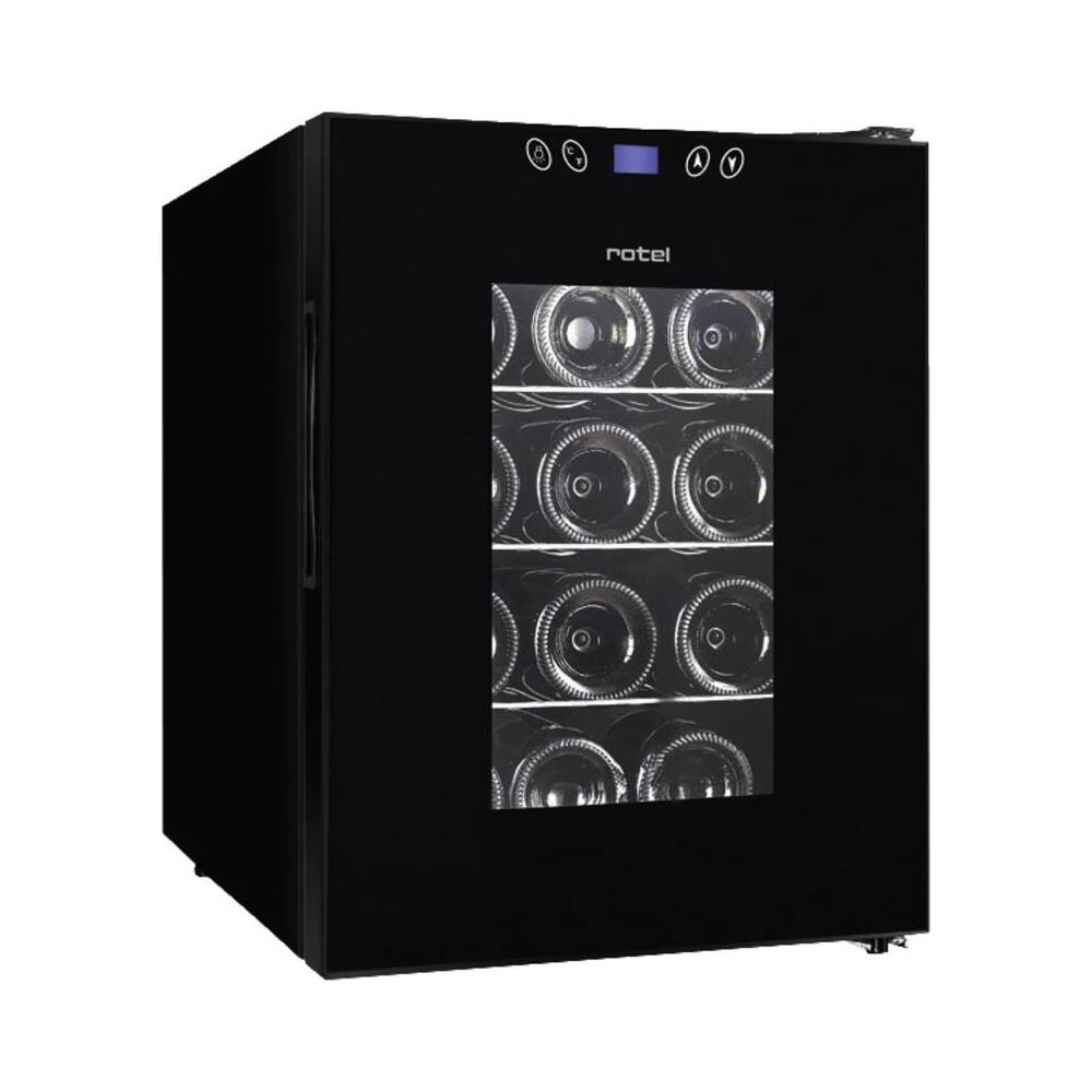 Une cave à vin noire Rotel avec porte en verre montrant des bouteilles à l'intérieur, sur fond blanc.