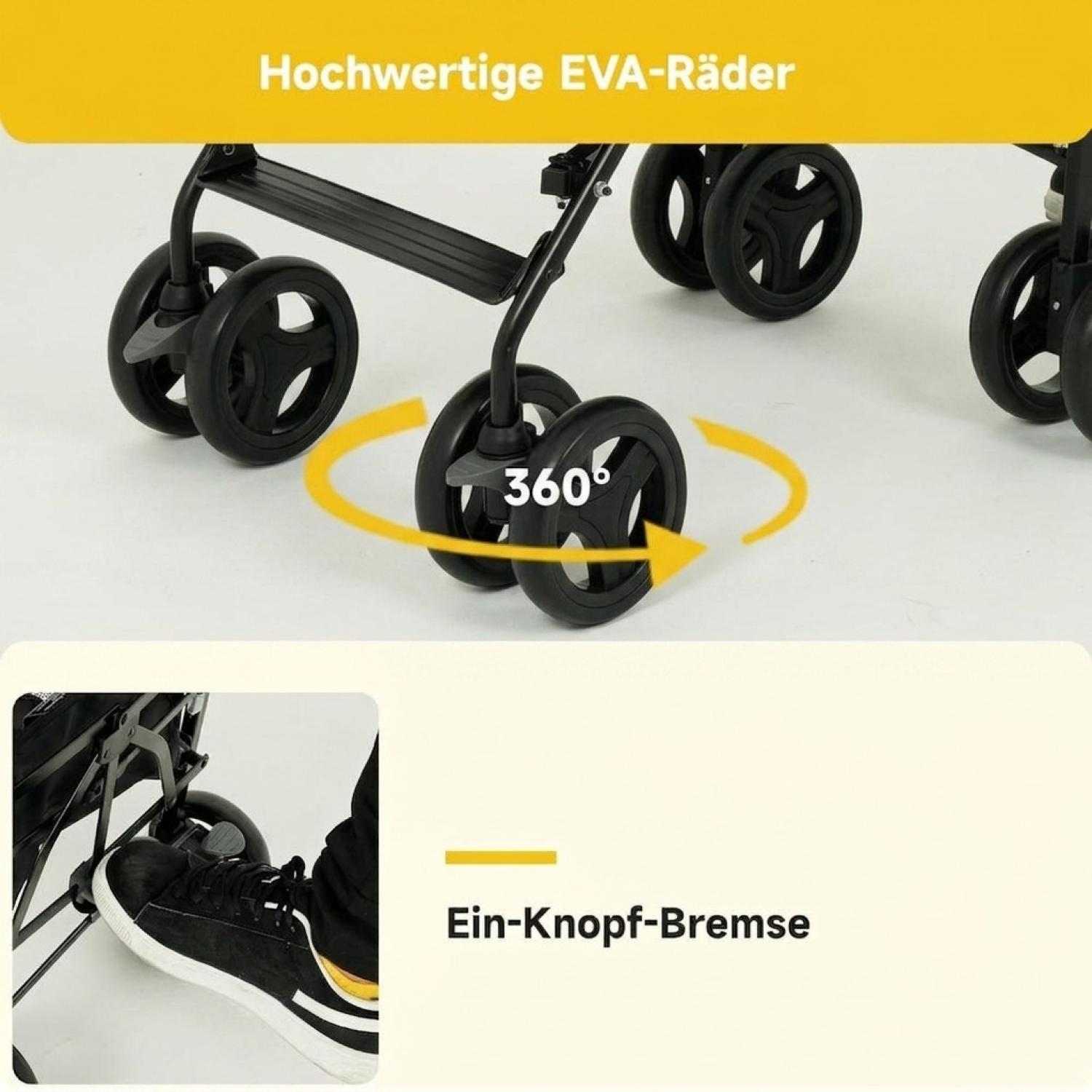 Stroller with 360-degree swiveling black EVA wheels and a one-touch brake.