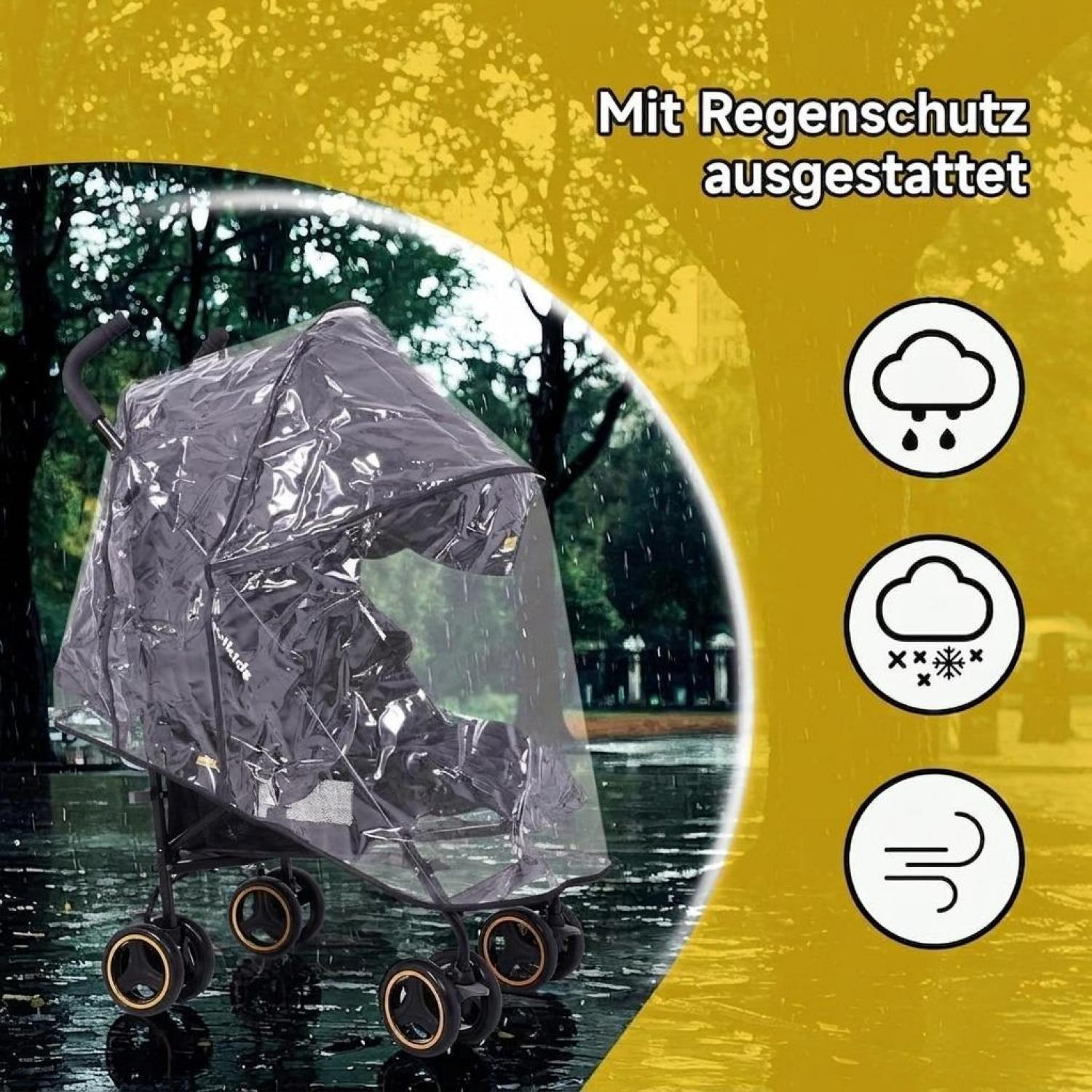 Kinderwagen mit Regenschutz im Regen, Symbole für Wetterfestigkeit.