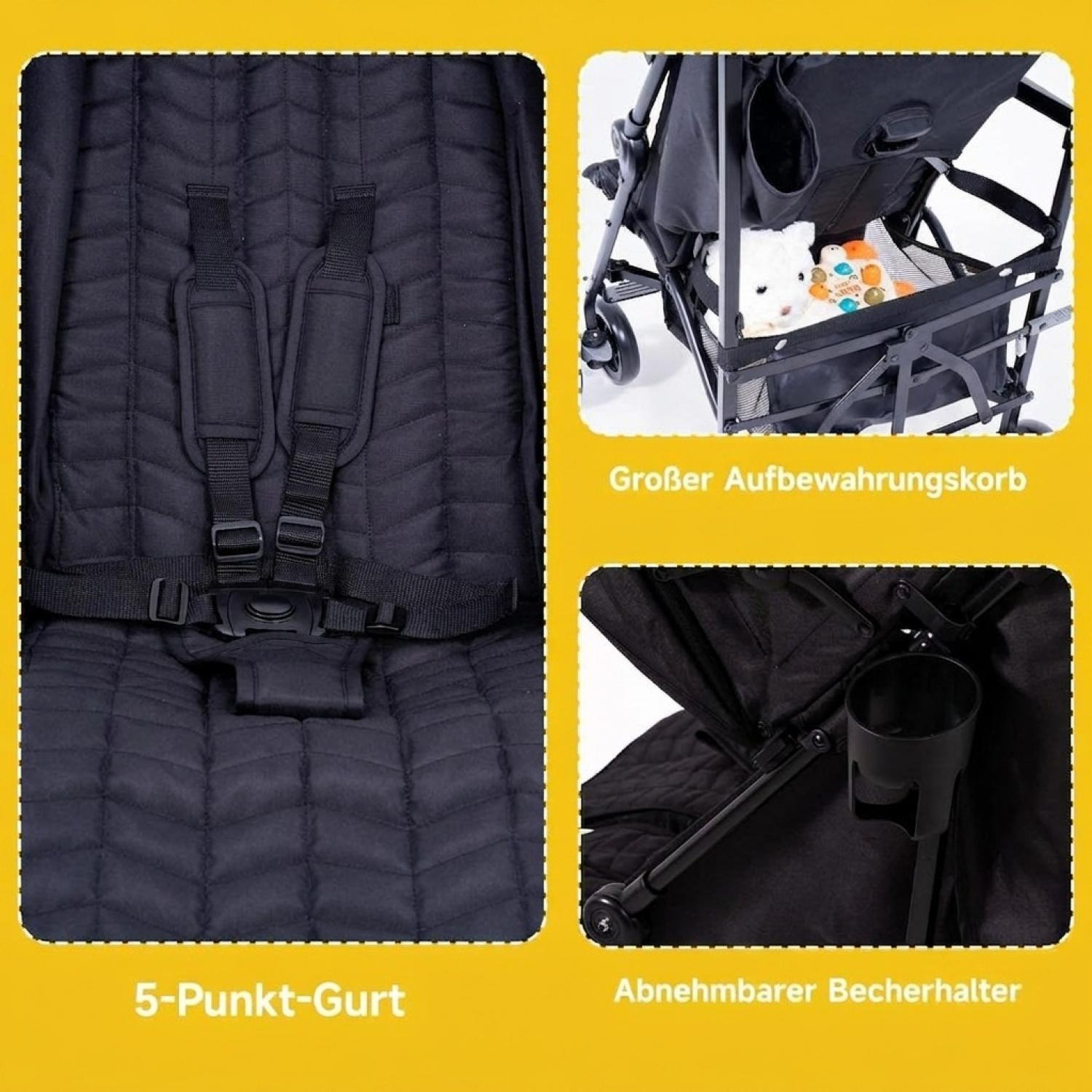 Stroller features a 5-point harness, large storage basket, and removable cup holder against a yellow background.