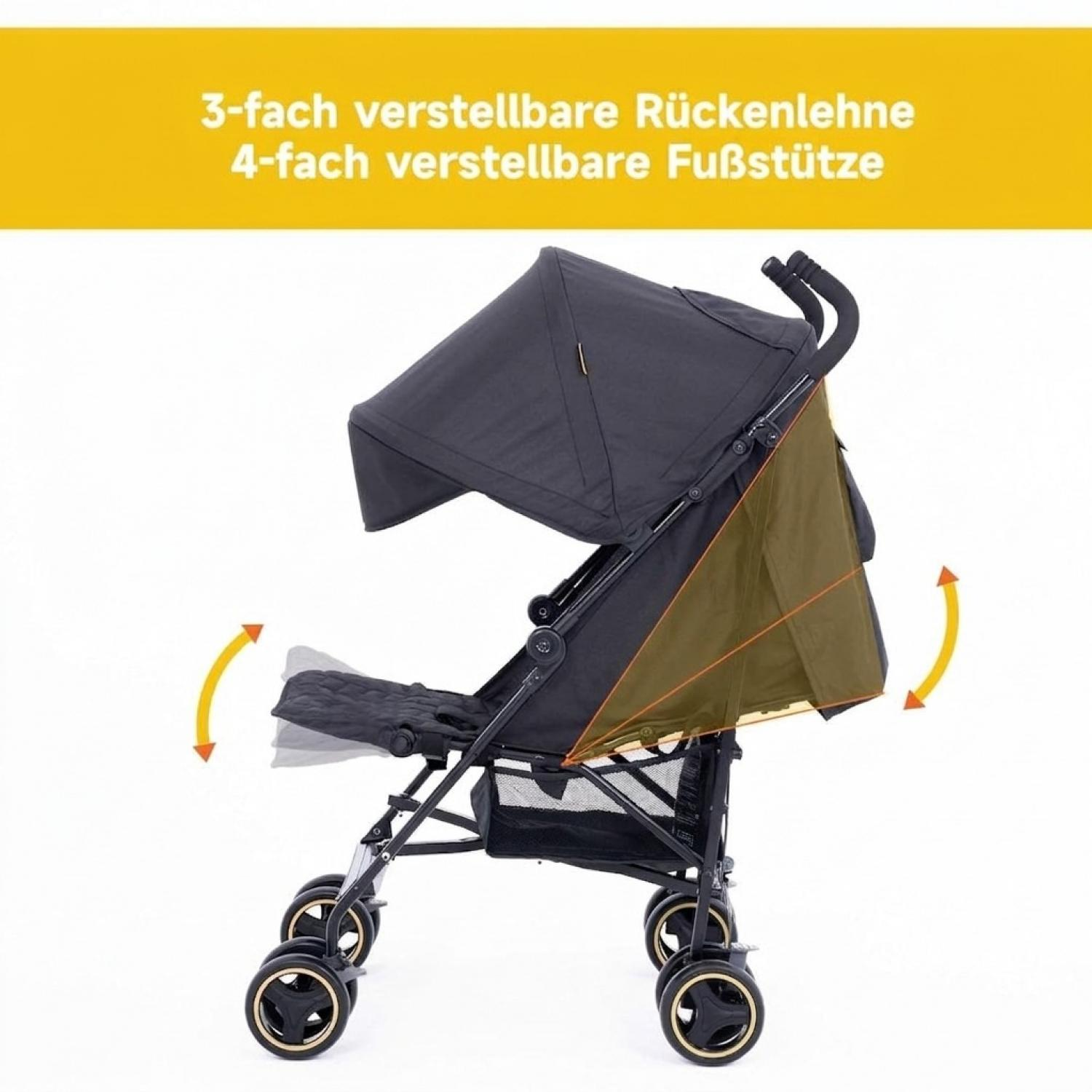 Schwarzer Buggy mit verstellbarer Rückenlehne und Fußstütze auf weißem Hintergrund.
